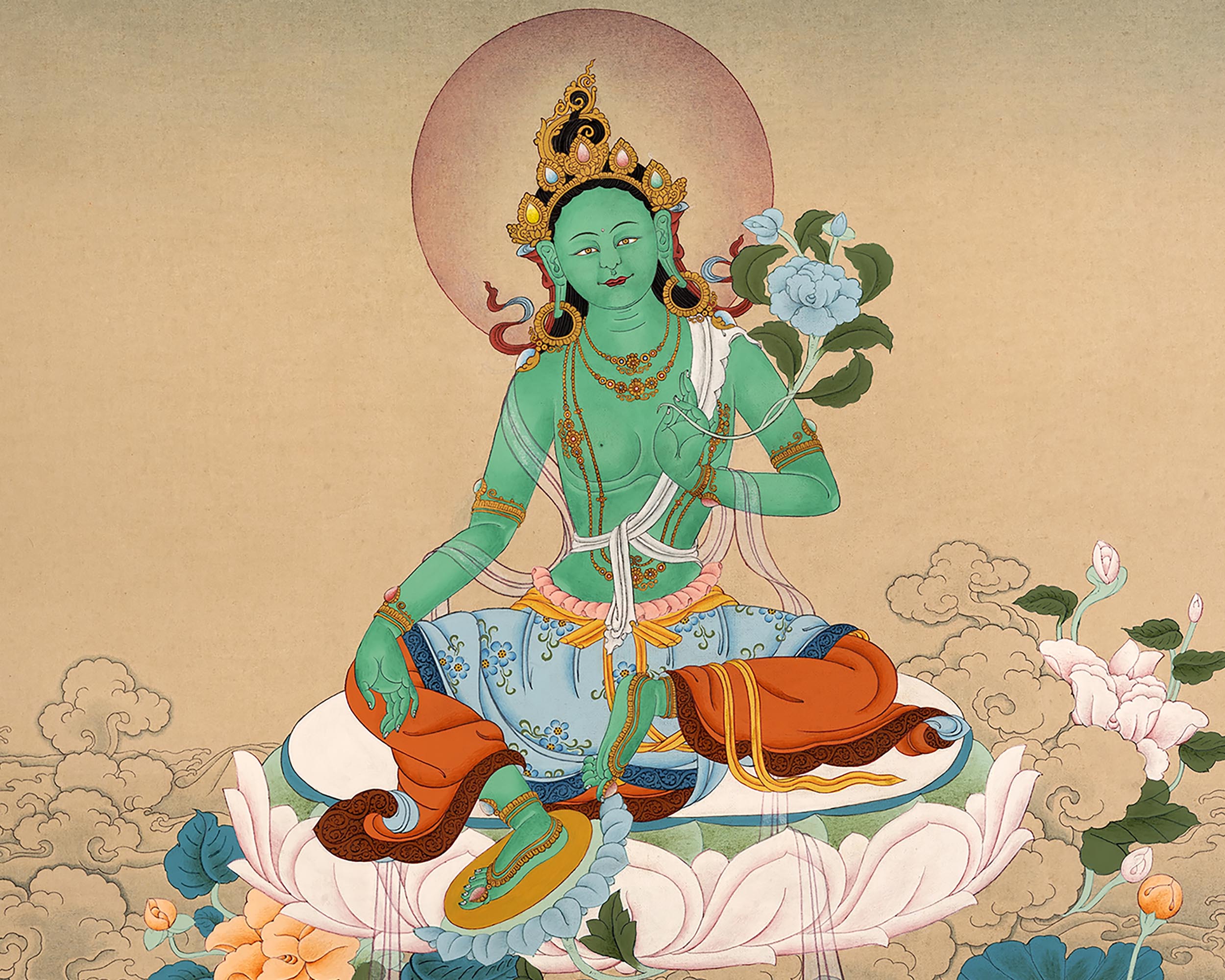 The Green Tara Tibetan Himalayan Thangka | Hand-Painted Buddhist Deity Painting