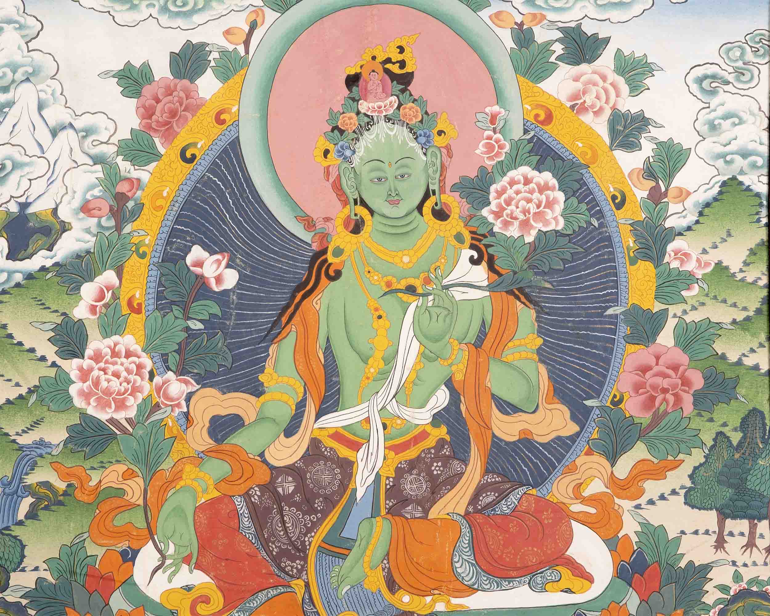 Vintage Green Tara Thangka | Hand Painted Thangka With Brocade