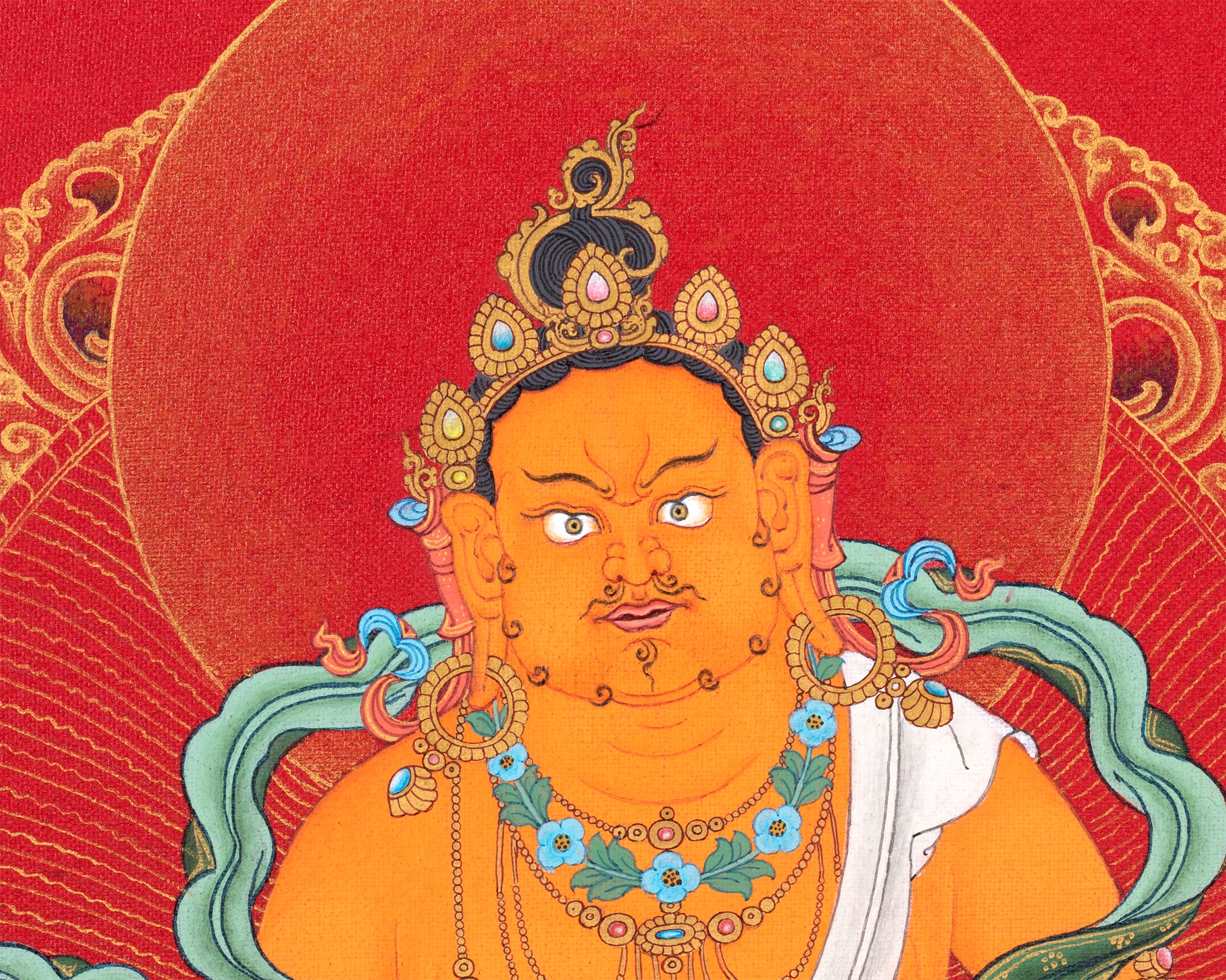 Jambala Thangka | Dzambhala Painting | Hand-painted Buddhist Wealth Deity | Red And Gold