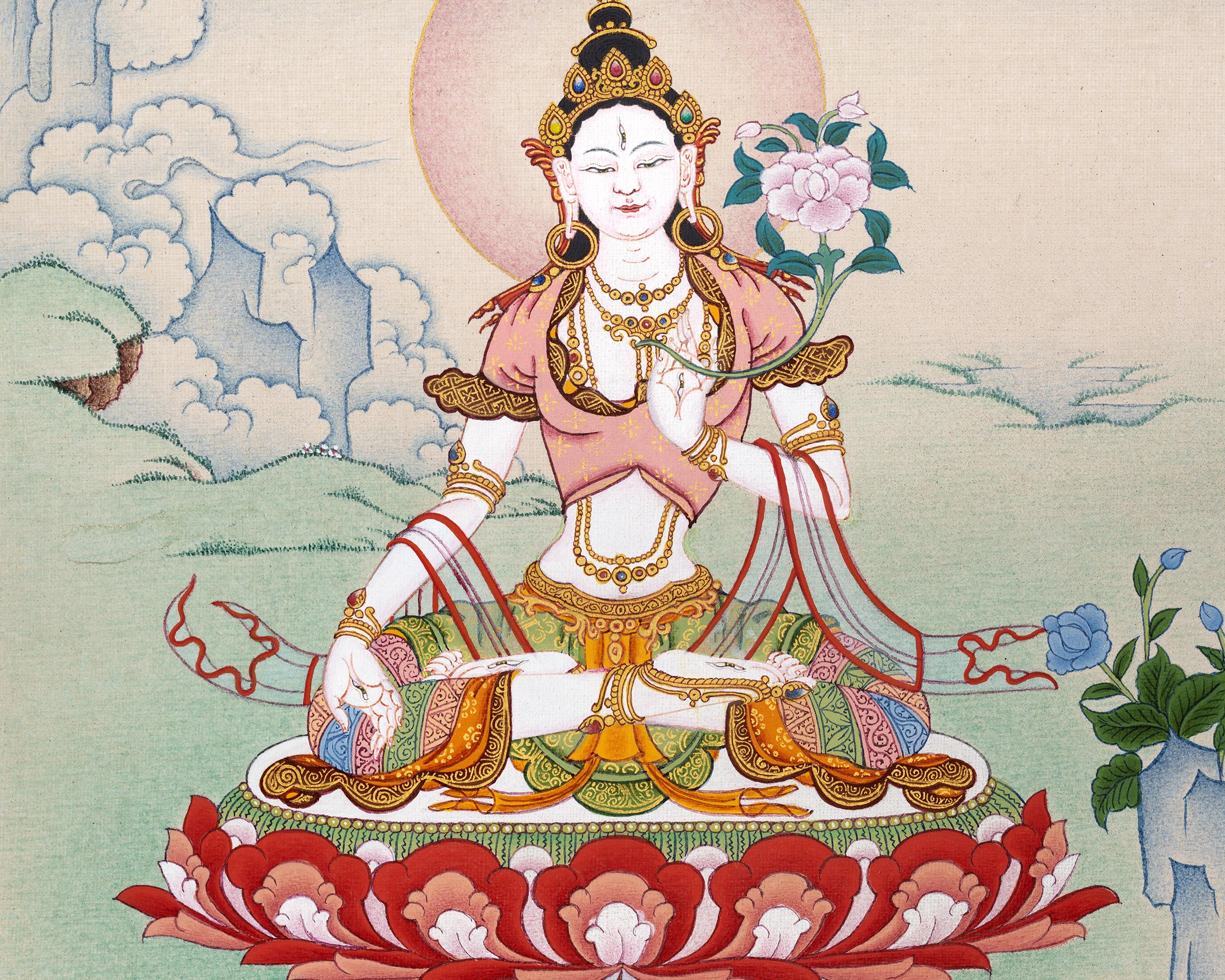 White Tara Thangka, Hand Painted Tara Painting, Tibetan Buddhist Art, Vajrayana painting