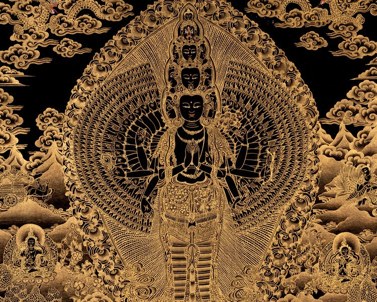 Black Gold 1000Armed Avalokiteshvara | Wall Hanging Thangka