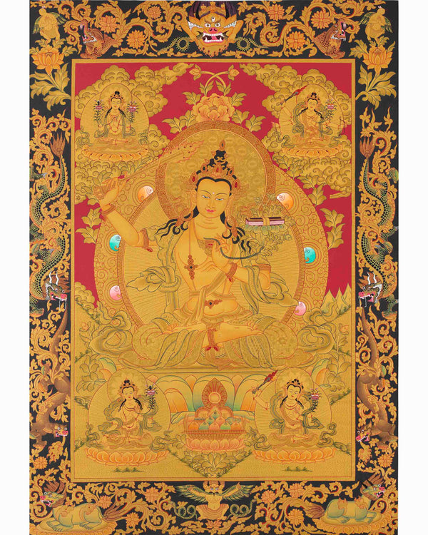 Full 24K Gold Manjushree Thangka | Bodhisattva Of Wisdom