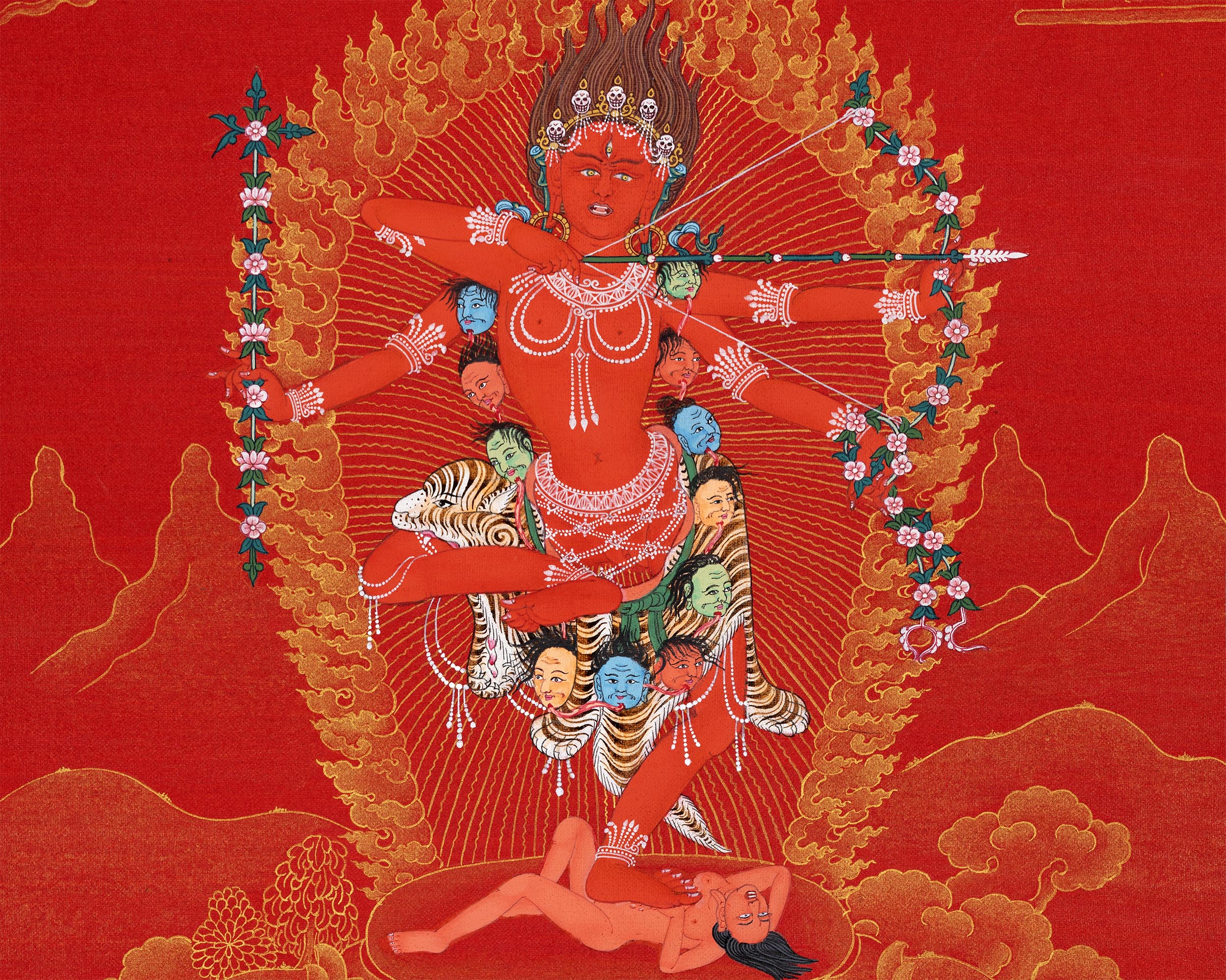 The Goddess Kurukulla Thangka | Red and Gold Dakini Art