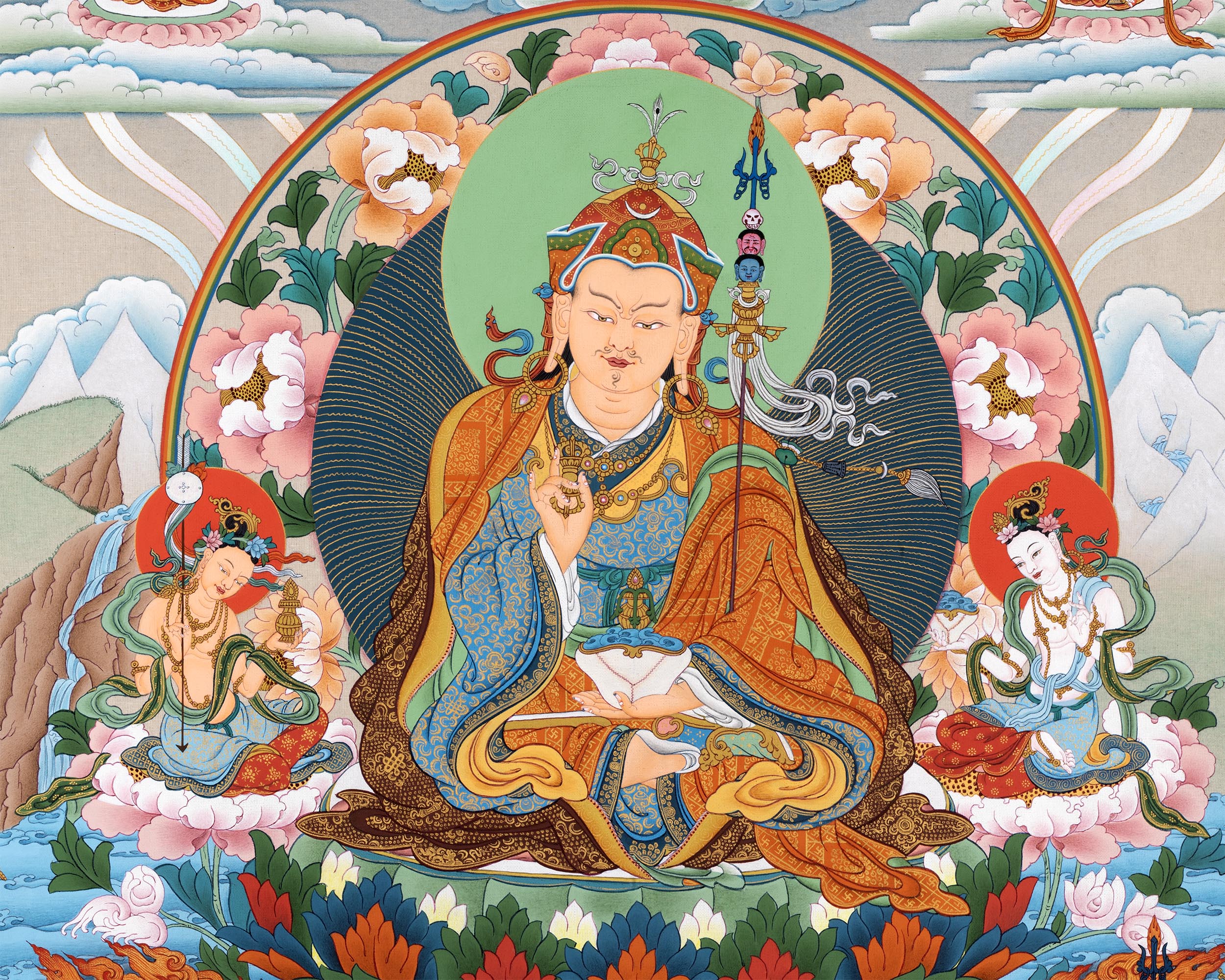 Guru Padmasambhava Thangka With Consorts, Buddhas And Bodhisattvas | Tibetan Art