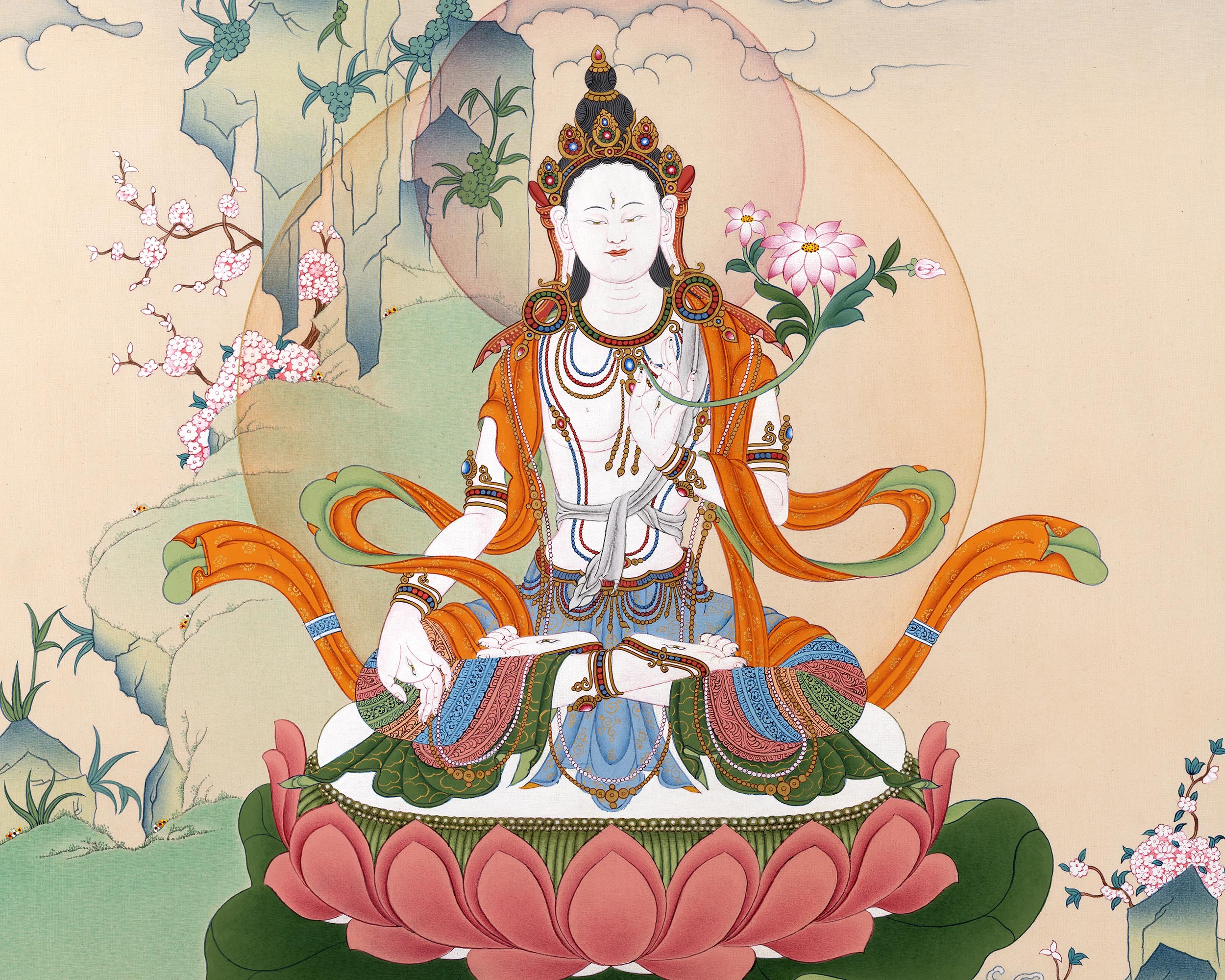 Traditional White Tara Thangka | Mother Buddha Painting with 24k Gold