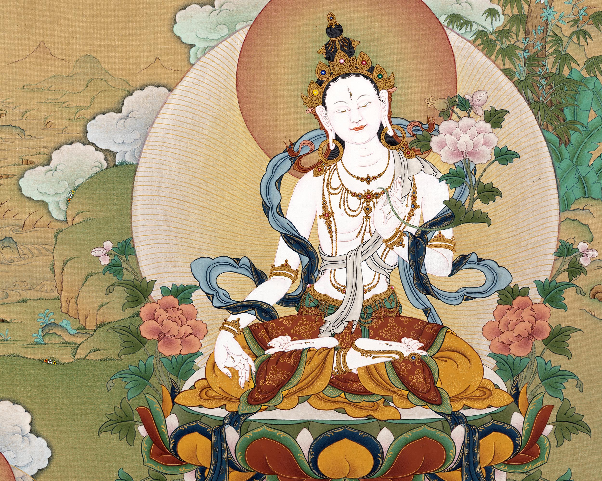 A Tibetan Bodhisattva Thangka Print | White Tara, Amitayus and Namgyalma Painting