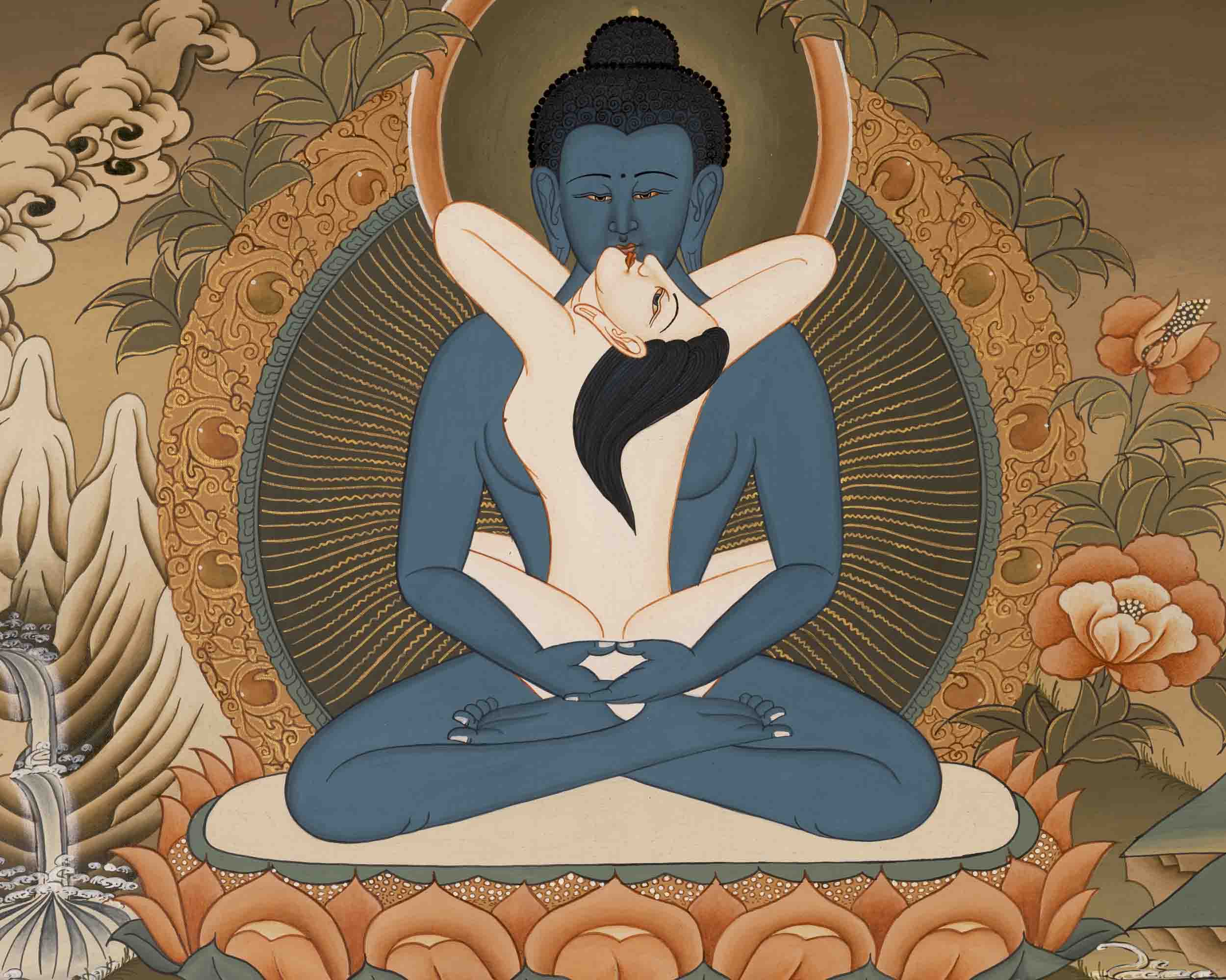 Harmony Unveiled: Samantabhadra Thangka featuring the Yab Yum Buddha in Religious Buddhist Art