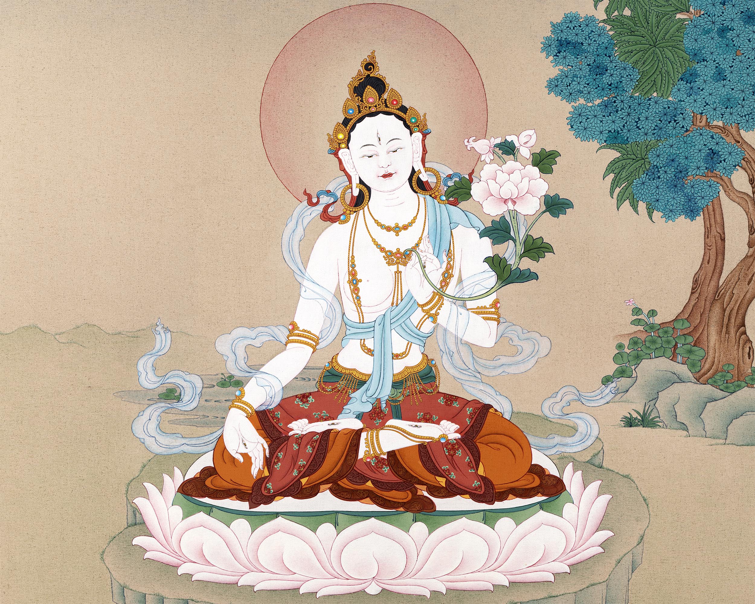 White Tara Thangka | Tibetan painting in 24k Gold