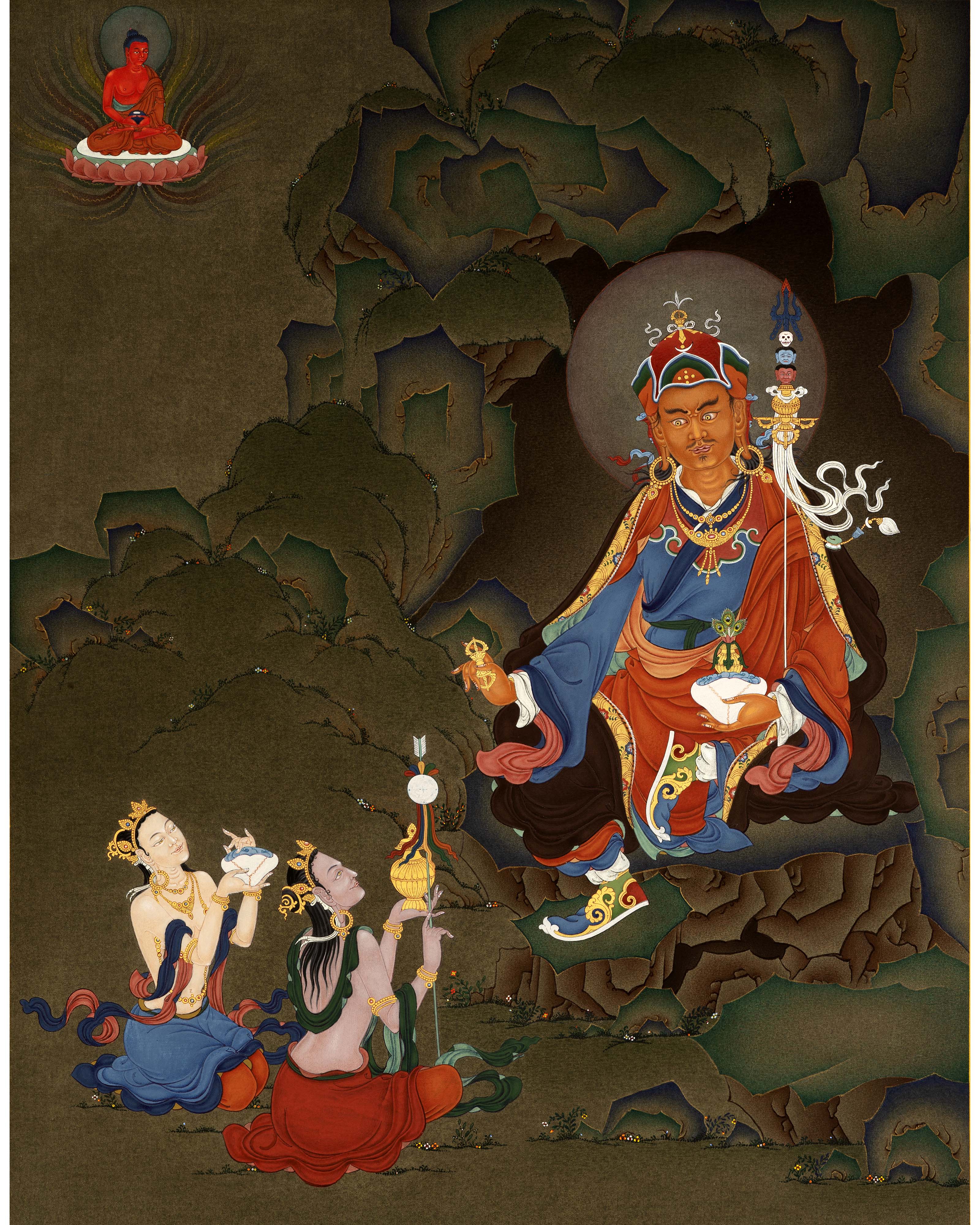 Guru Rinpoche with Consorts| Traditional Hand Painted Buddhist Art