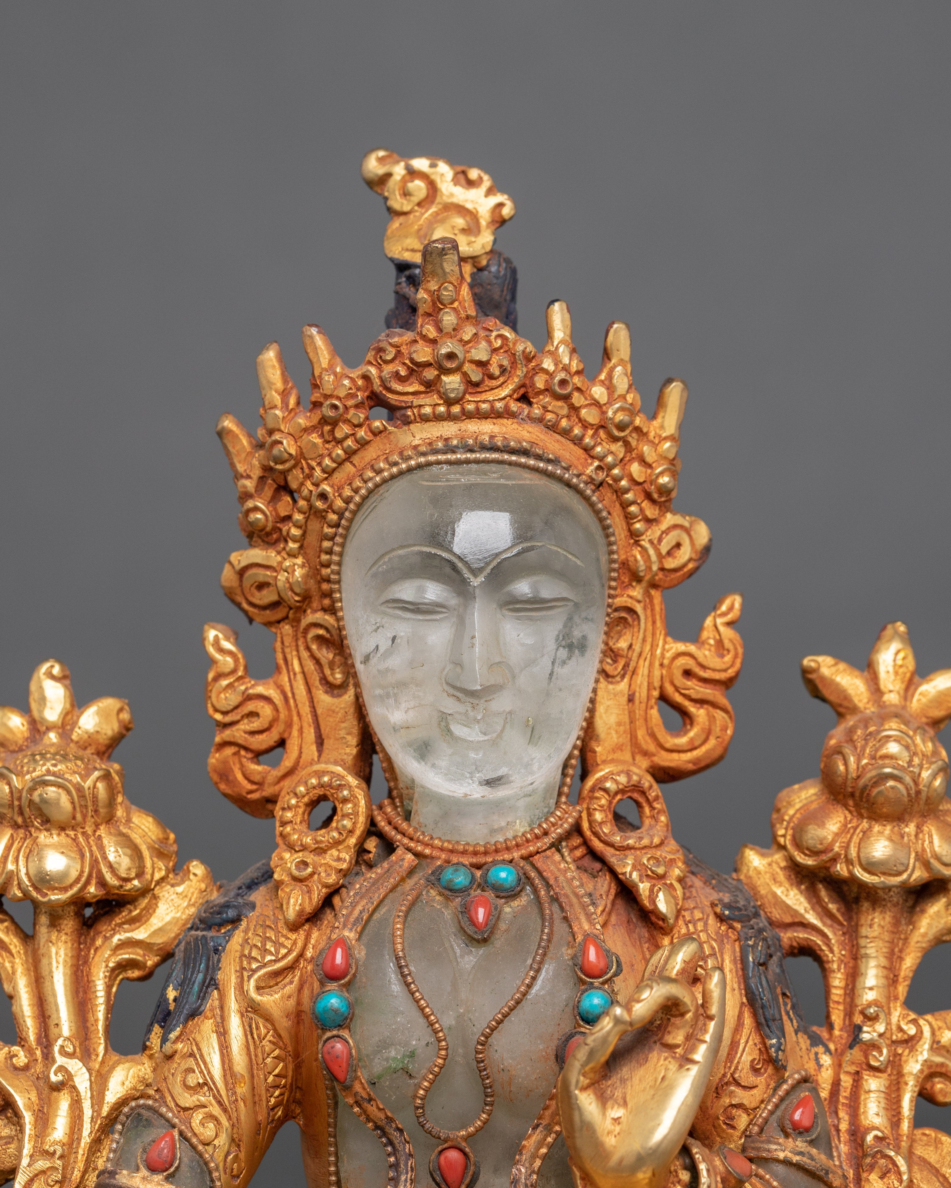 Green Tara Crystal Statue | Handcarved Religious Art | Traditional Decor
