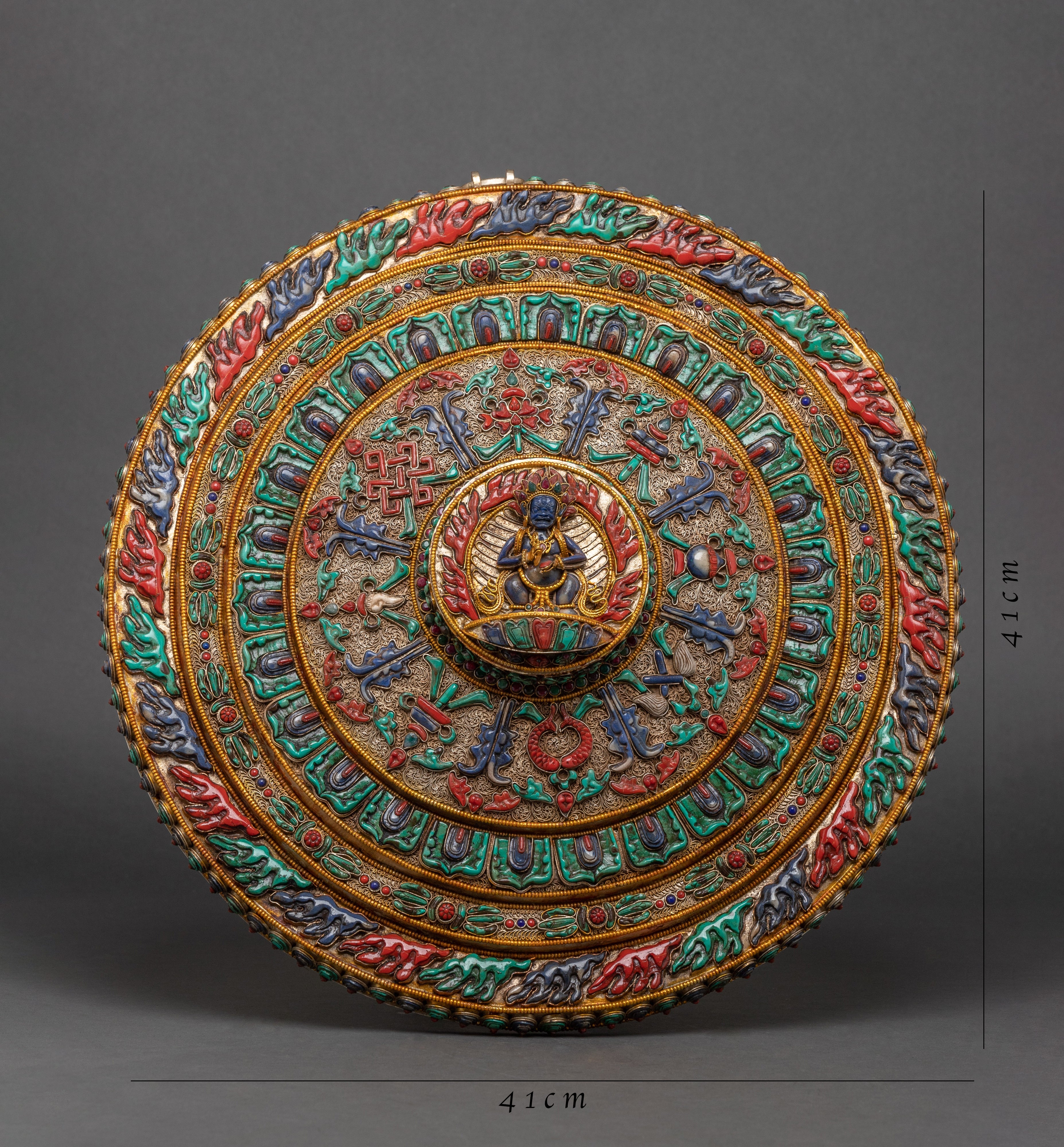 Filigree Mahakala Mandala | Tibetan Copper Inlaid with Gemstones | Wall Hanging