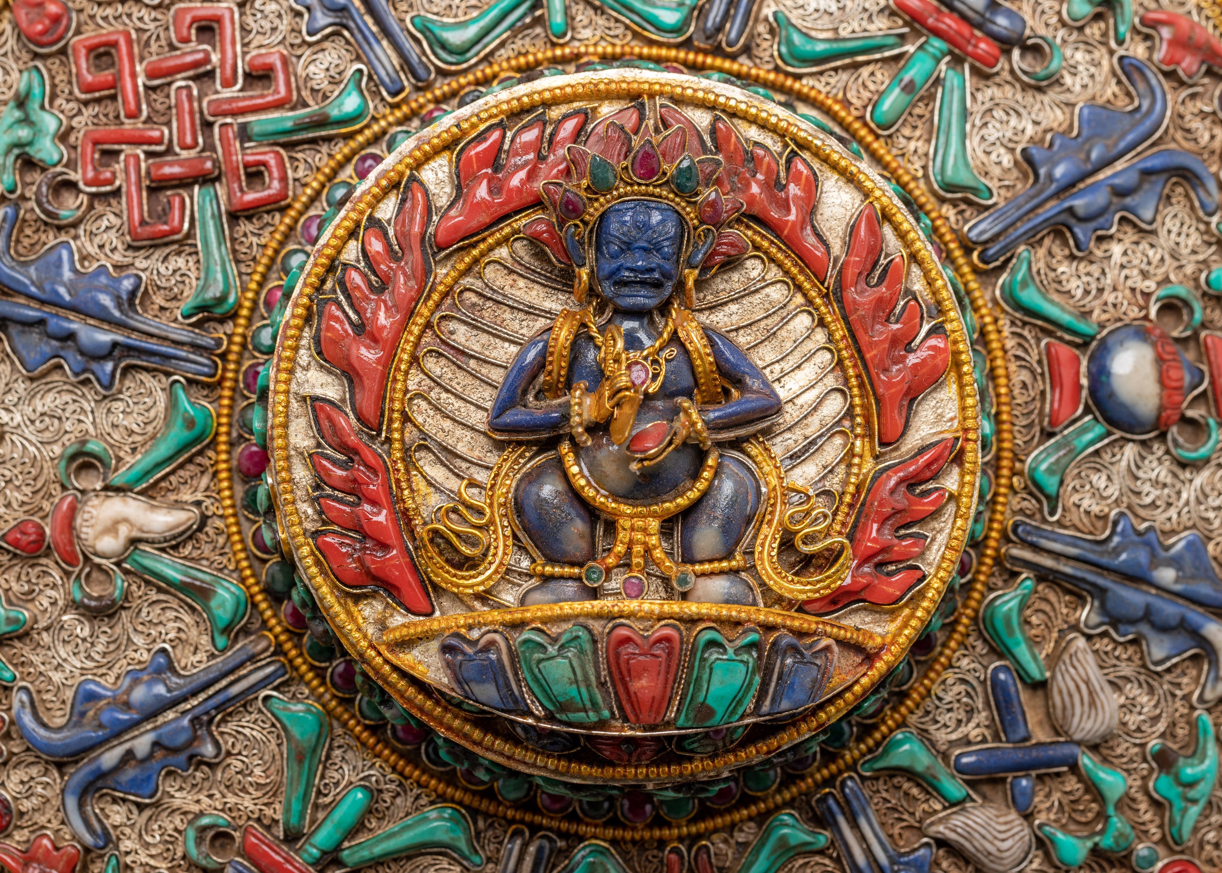 Filigree Mahakala Mandala | Tibetan Copper Inlaid with Gemstones | Wall Hanging