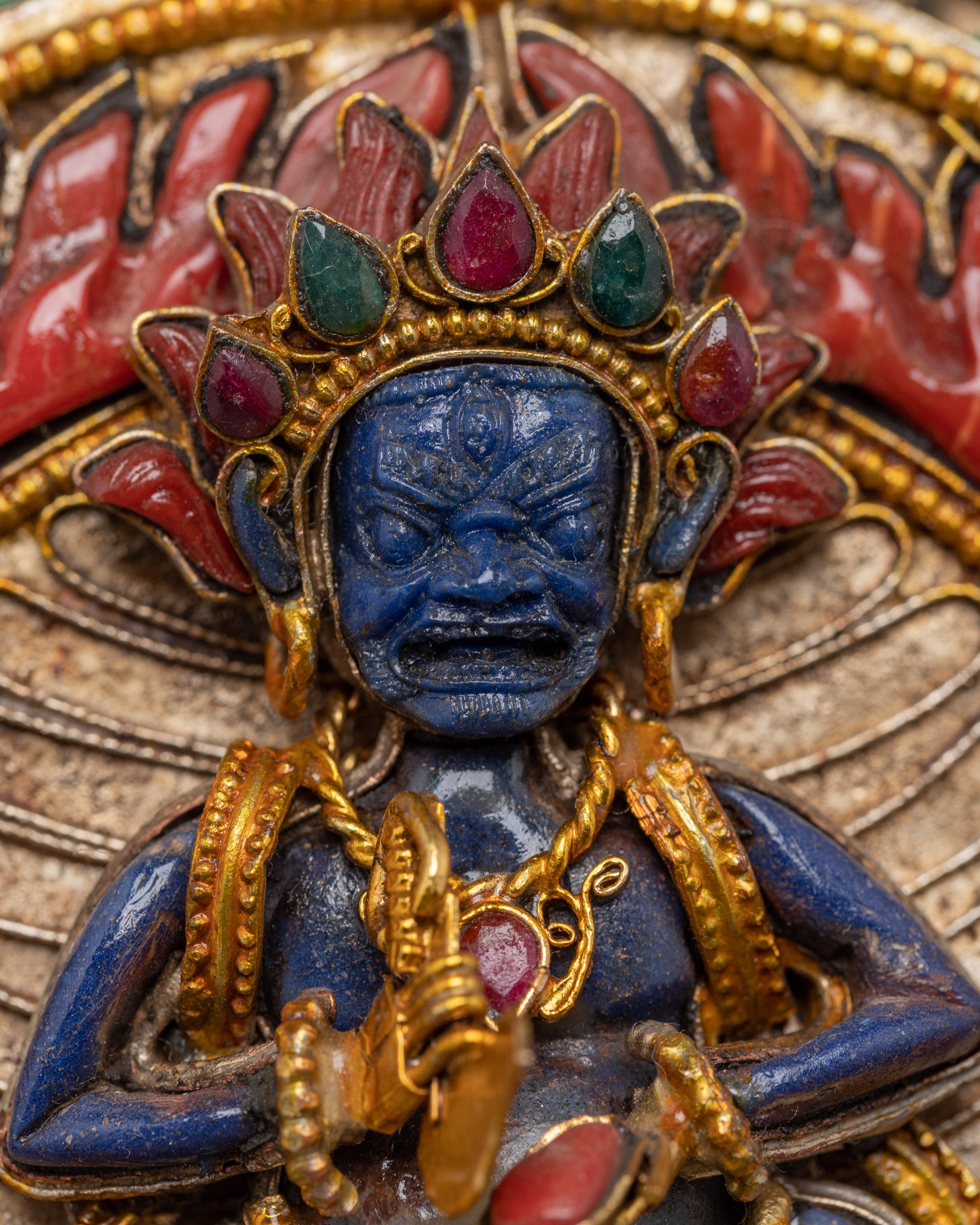 Filigree Mahakala Mandala | Tibetan Copper Inlaid with Gemstones | Wall Hanging