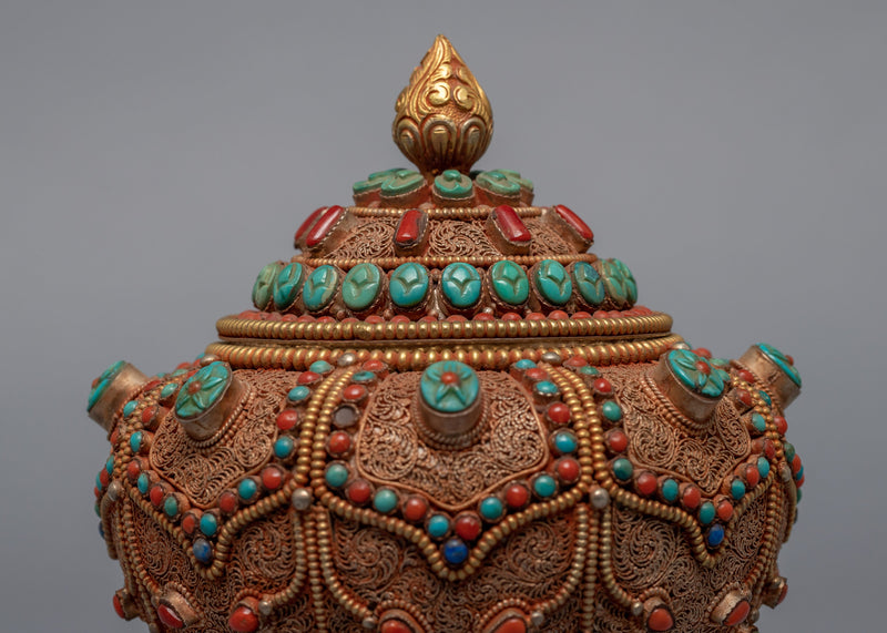 Gulpa Filigree Embed Turquoise, Red Coral, Lapis & Gem Stones | Buddhist Tank Jar