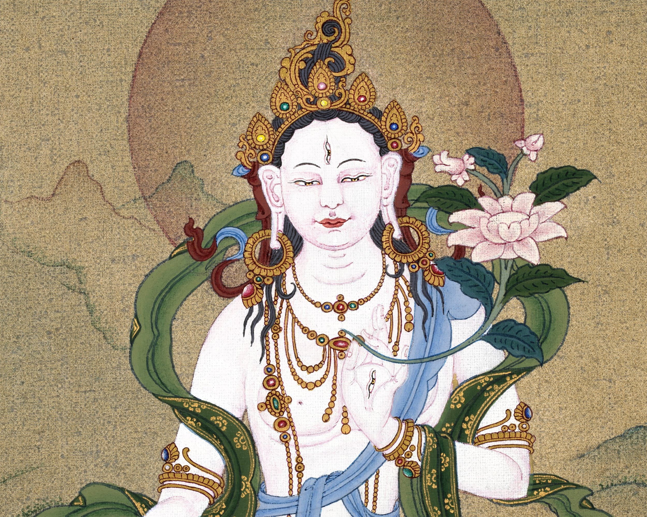 White Tara, Tibetan Thangka Painting, in Natural Stone colors