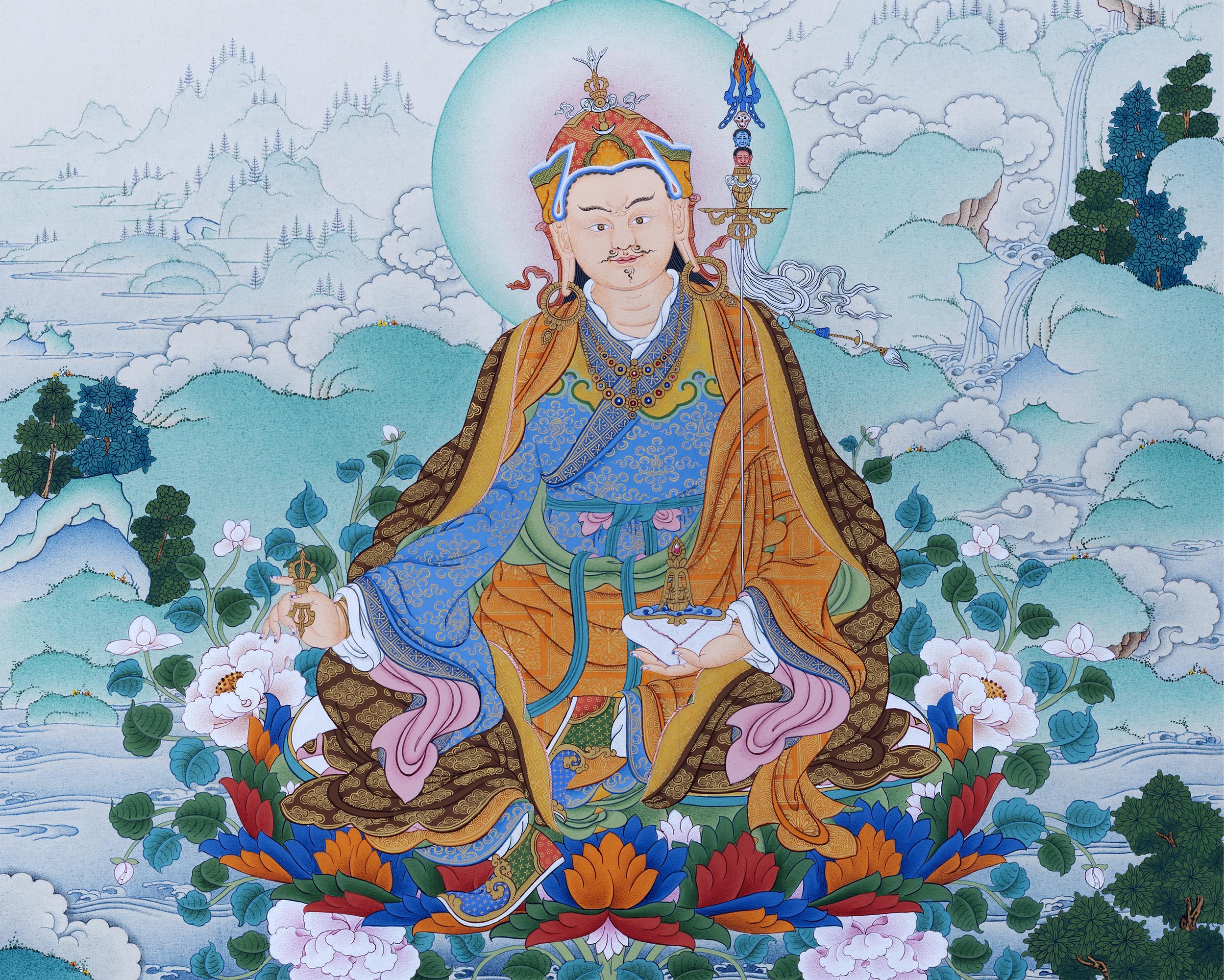 Guru Rinpoche with Chenrezig and Amitabha | Buddha Of Vajrayana | Thangka