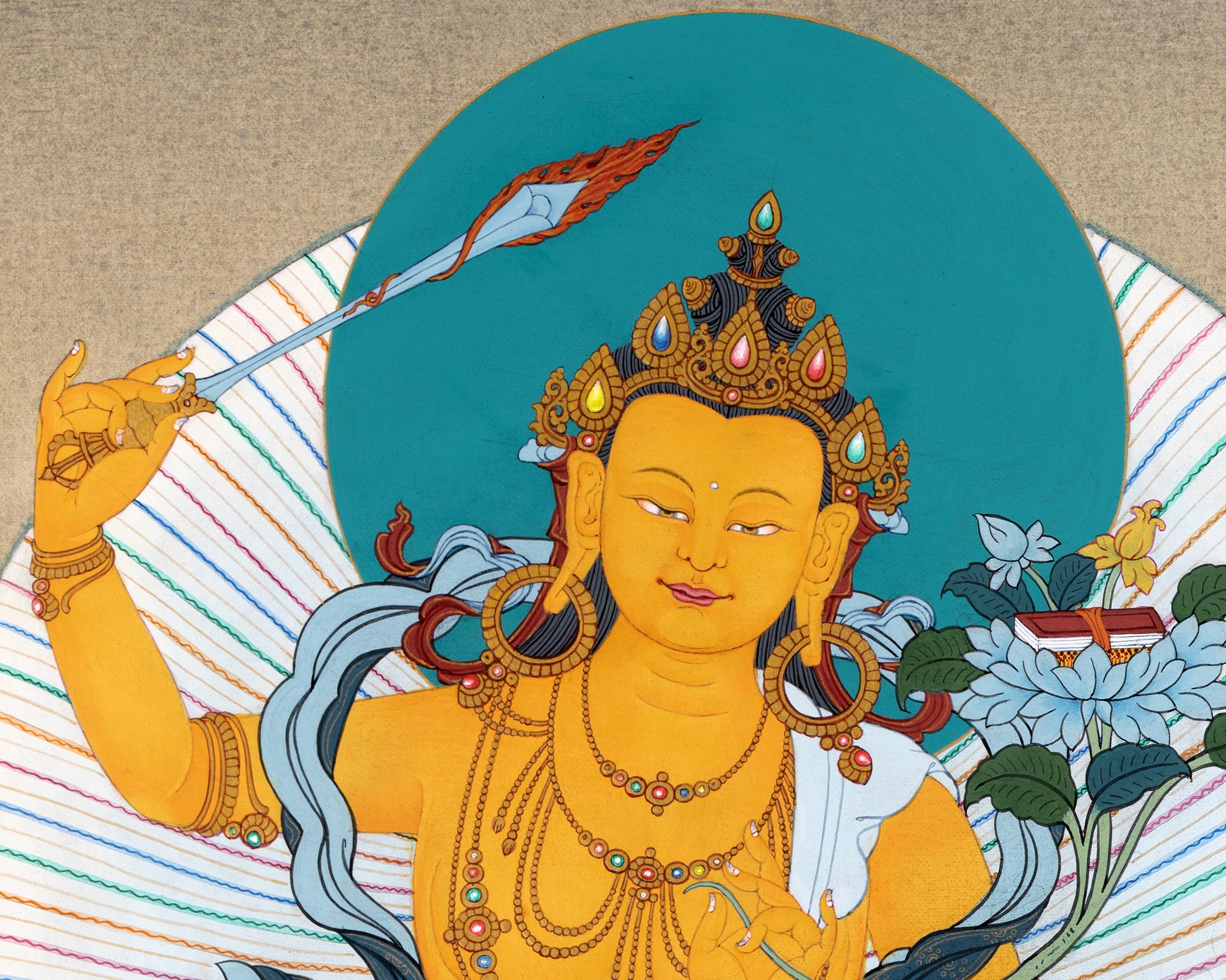 Manjushri With Chenrezig and Vajrapani Thangka | Tibetan Buddhist Thangka Painting