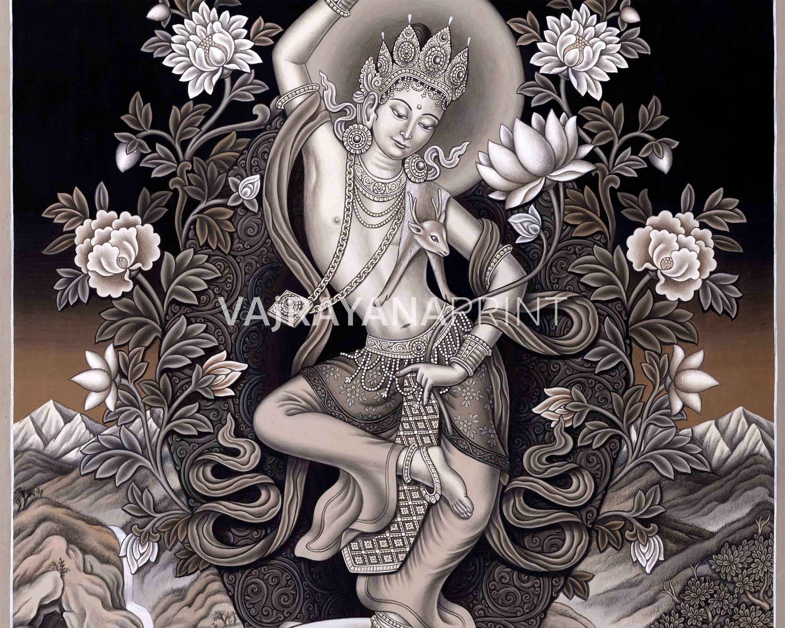 Himalayan Giclee Print For Chenrezig Meditation Practice | Traditional Nepali Pauba Painting