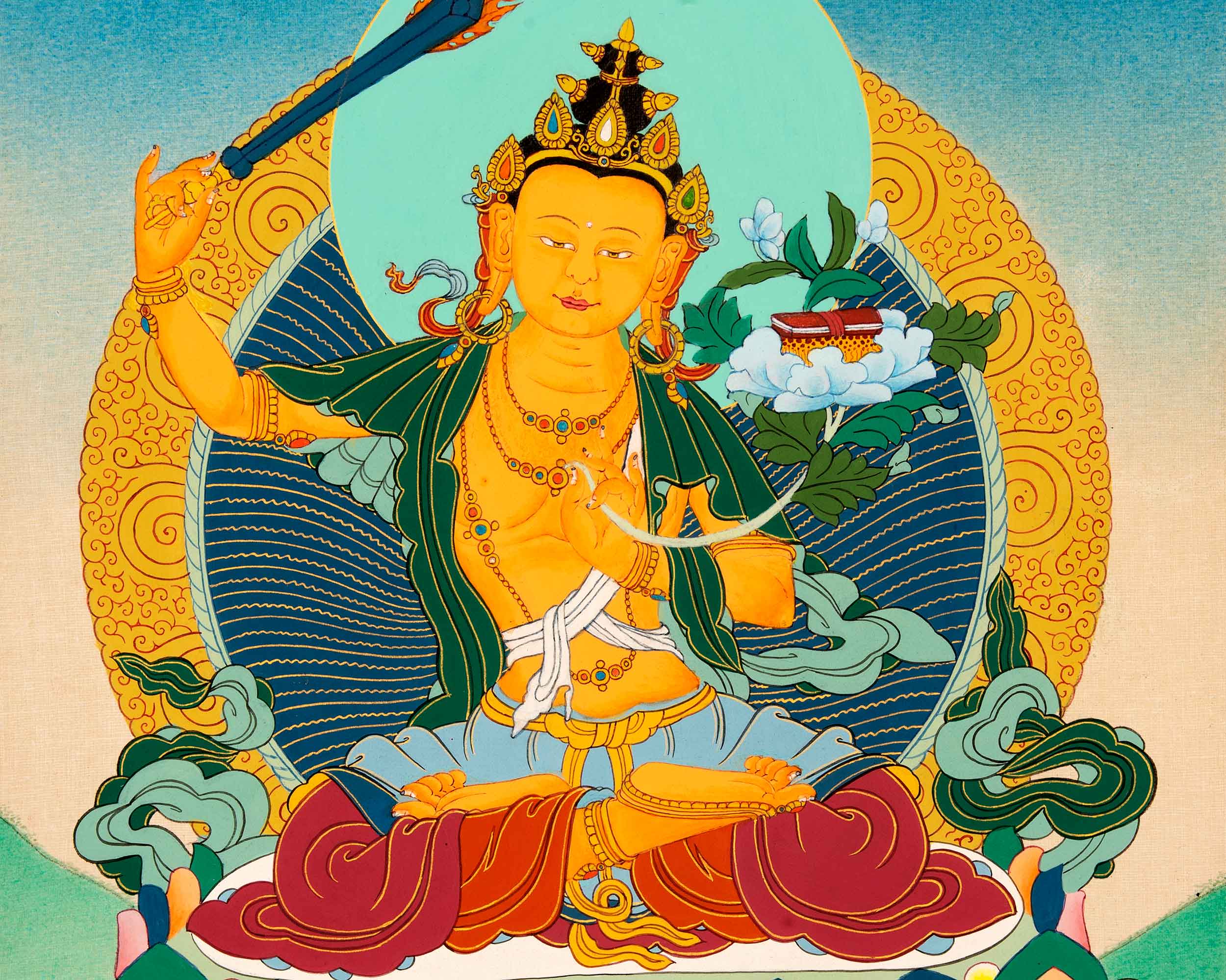Small Manjushri Thangka Art | Traditional Tibetan Bodhisattva