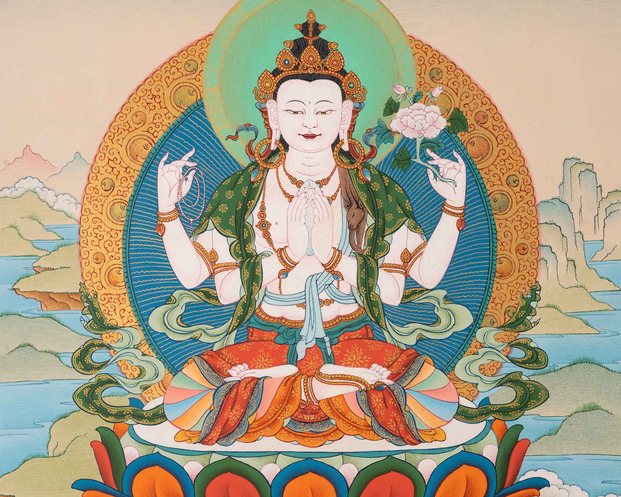 4 Armed Avalokiteshvara Thangka | High-Quality Tibetan Art