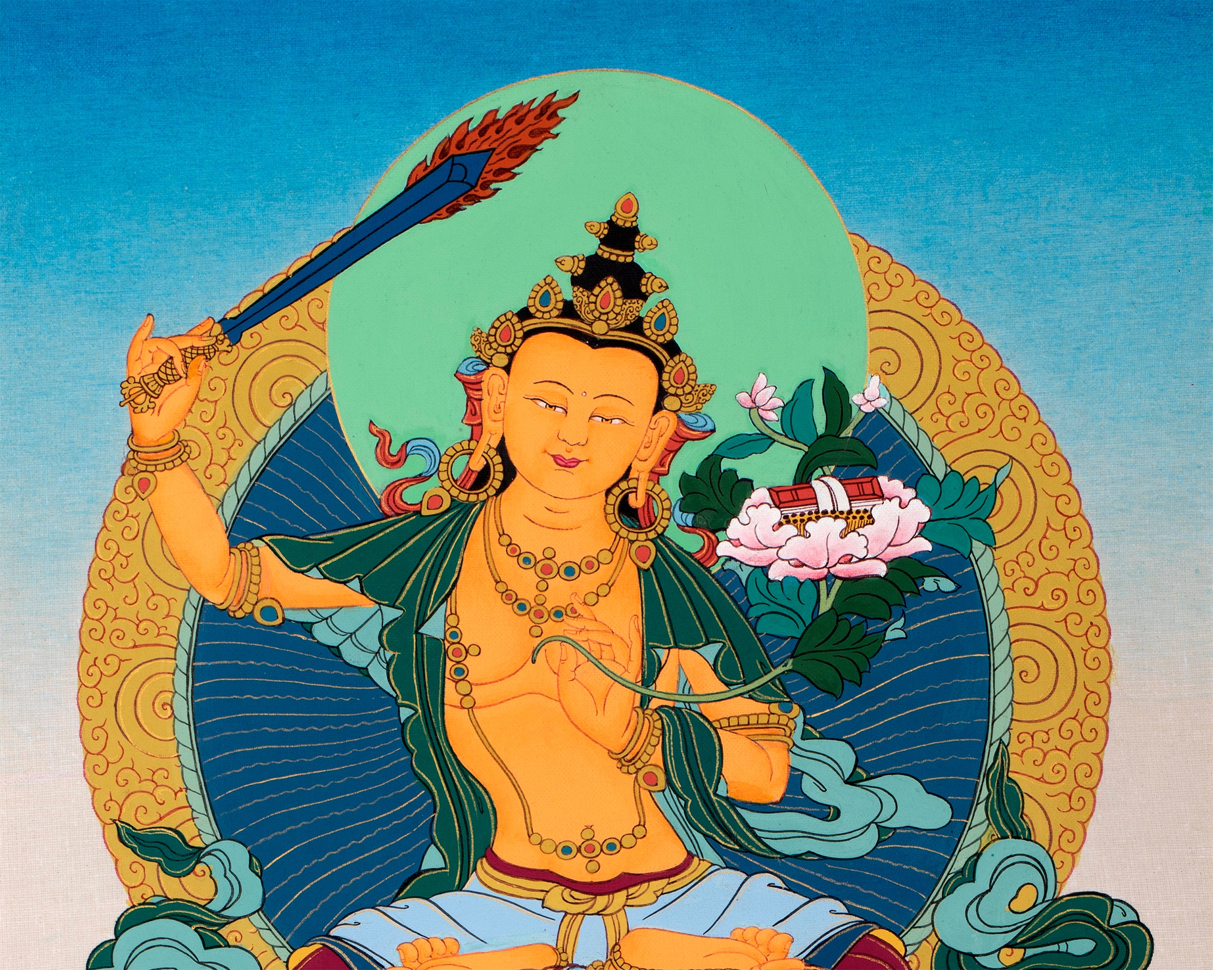 Manjushree Art Brocade | Wisdom Bodhisattva Thangka | Himalayan Buddhist Wall Painting
