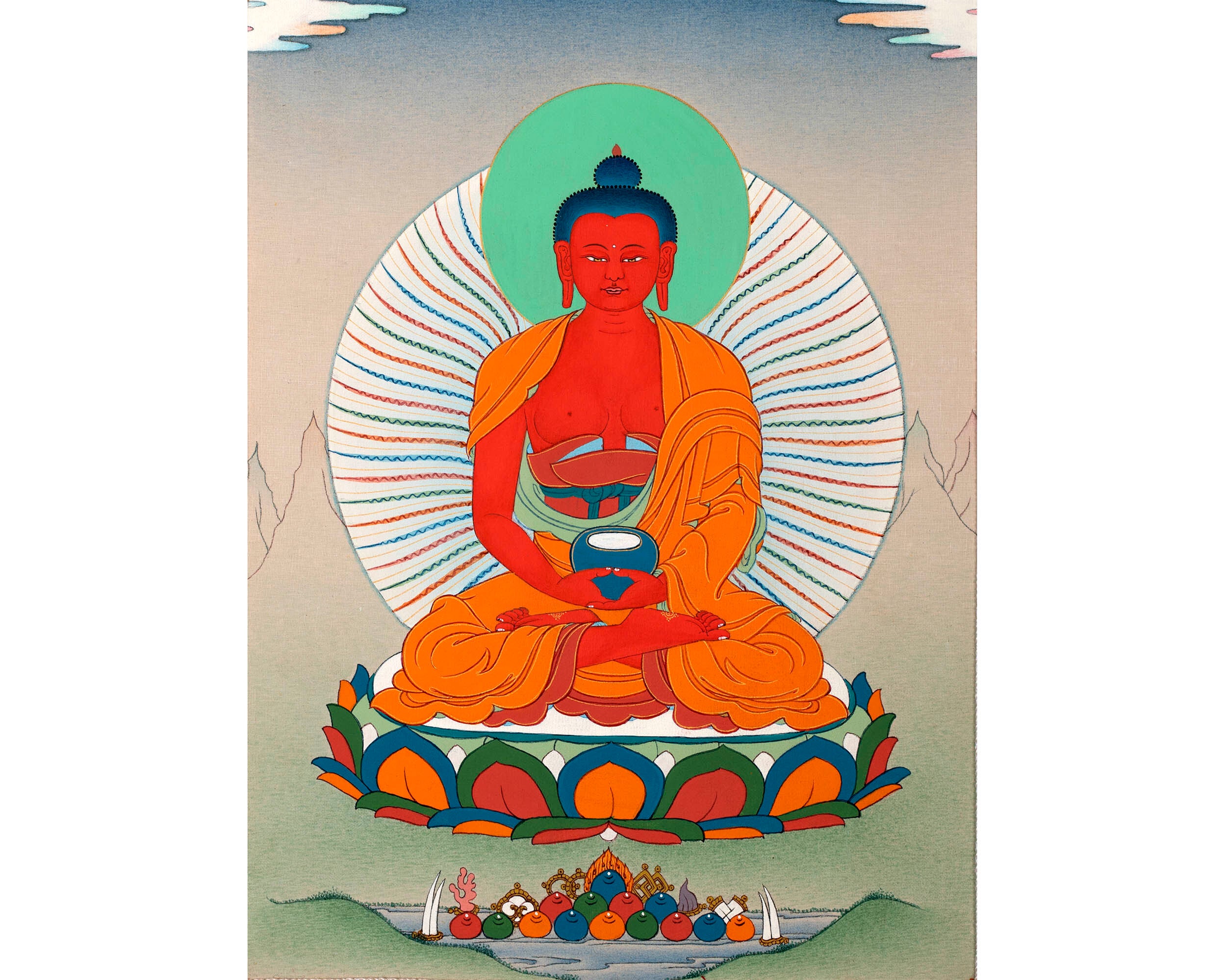 Red Amitabha Buddha | Brocade Thangka | Wall Scroll Painting