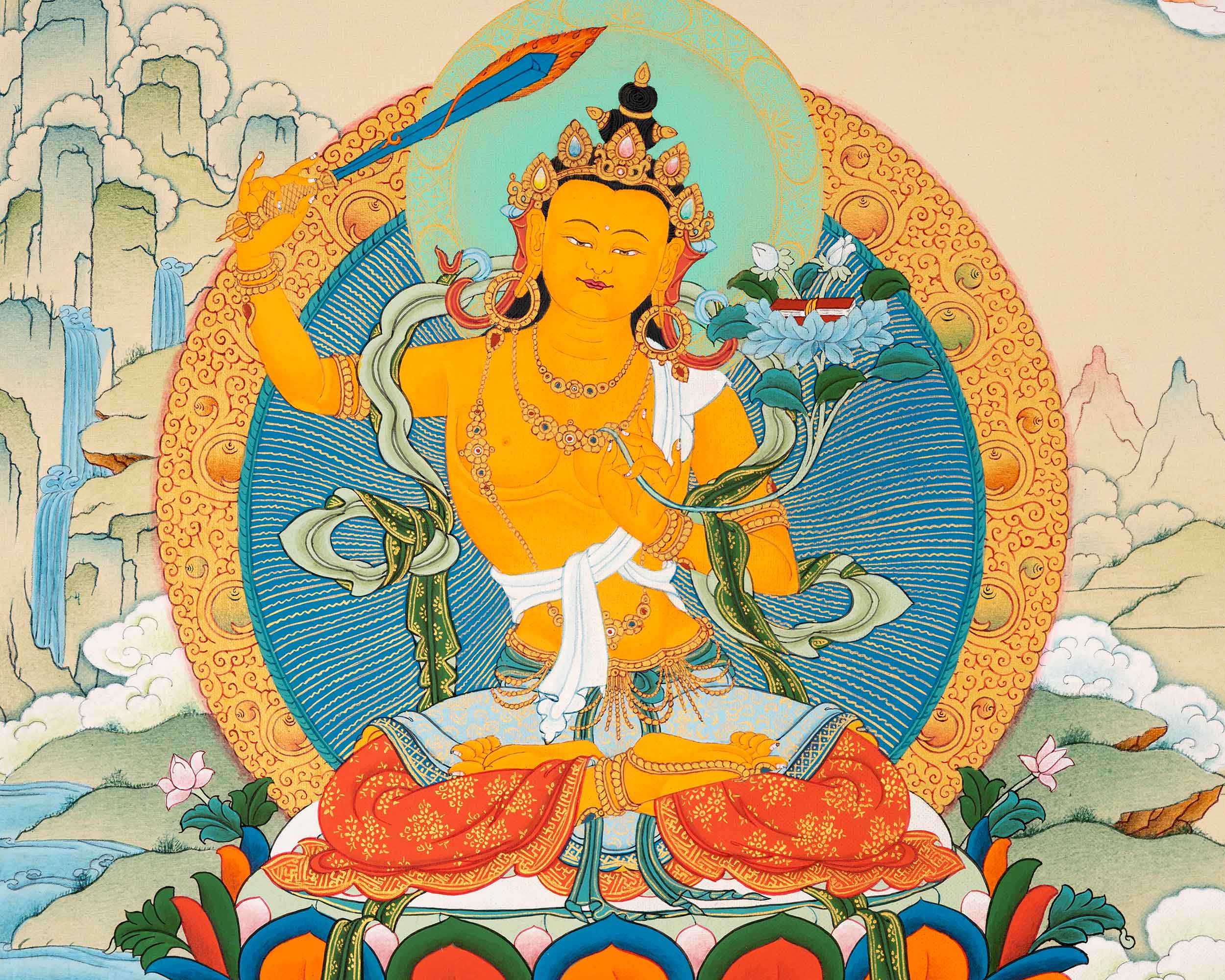 Manjushri Art Thangka | Finely Hand Painted in Cotton Canvas