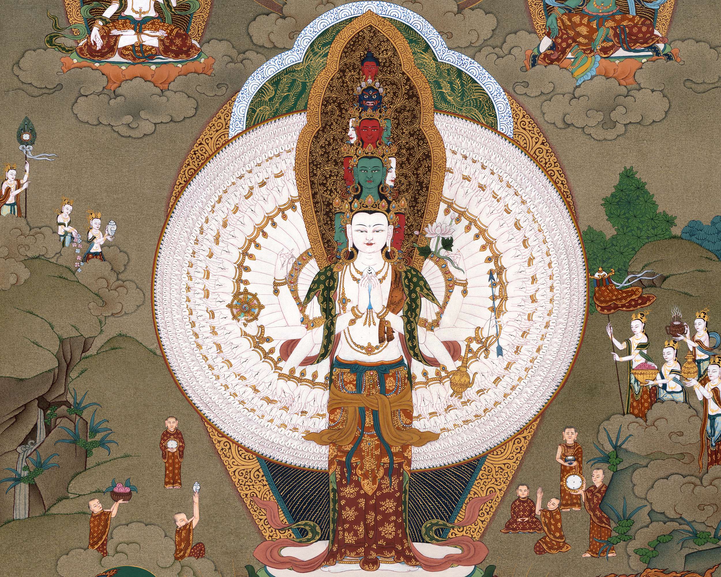 1000 Armed Chenrezig With Buddha and Bodhisattva | Avalokiteshvara Thangka Painting