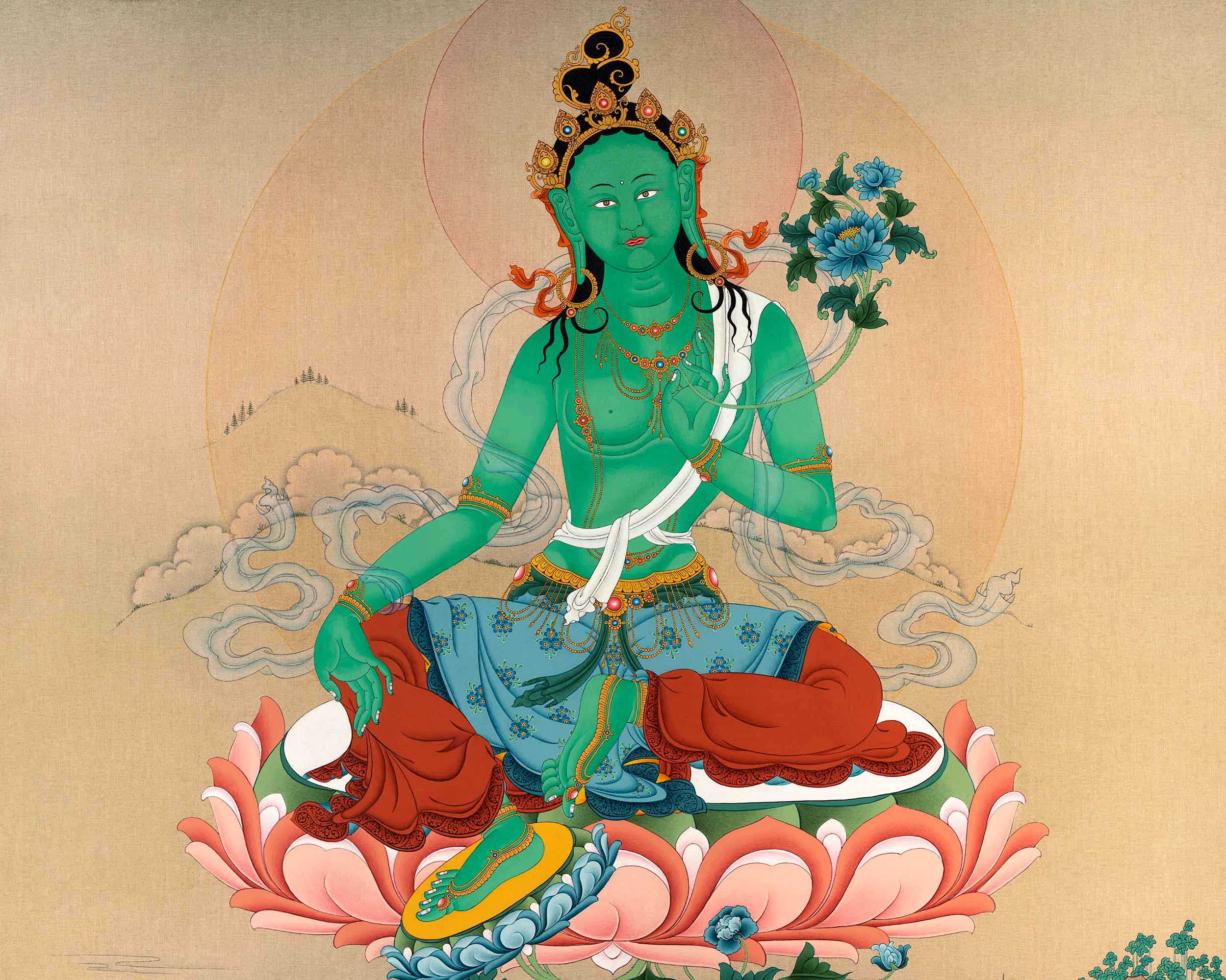 Large Green Tara Deity Painting | Handmade Tara Thangka