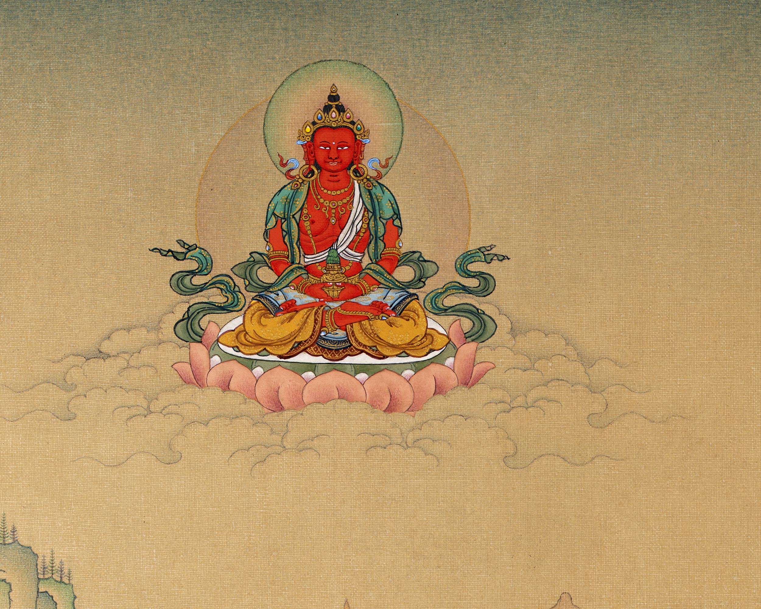 White Tara with Namgyalma, Amitayus Buddha | Treasure Bodhisattva | Tibetan Thangka