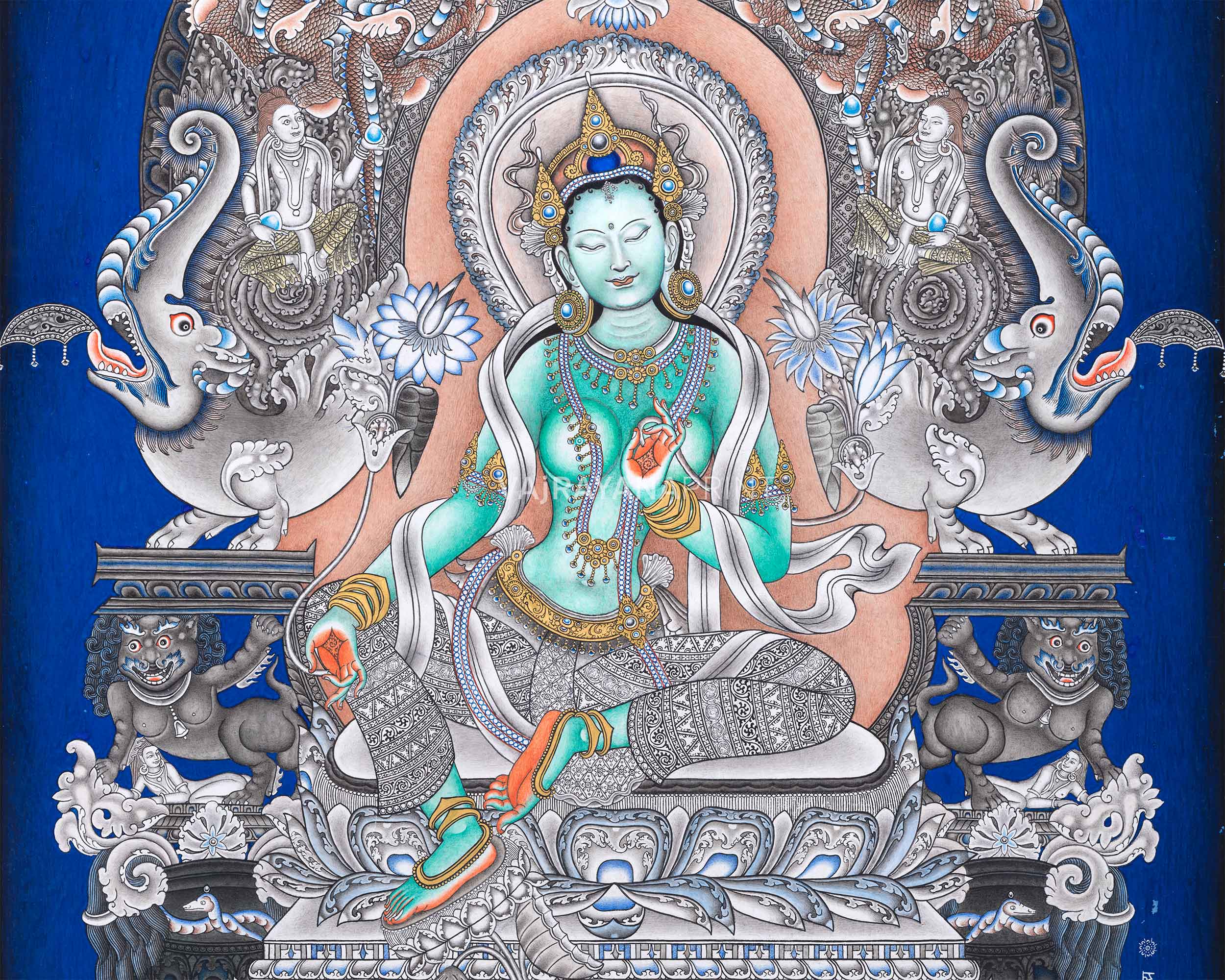 High- Quality Green Tara Guru Nepali Print | Mother Tara Nepali Painting | Home Decoration