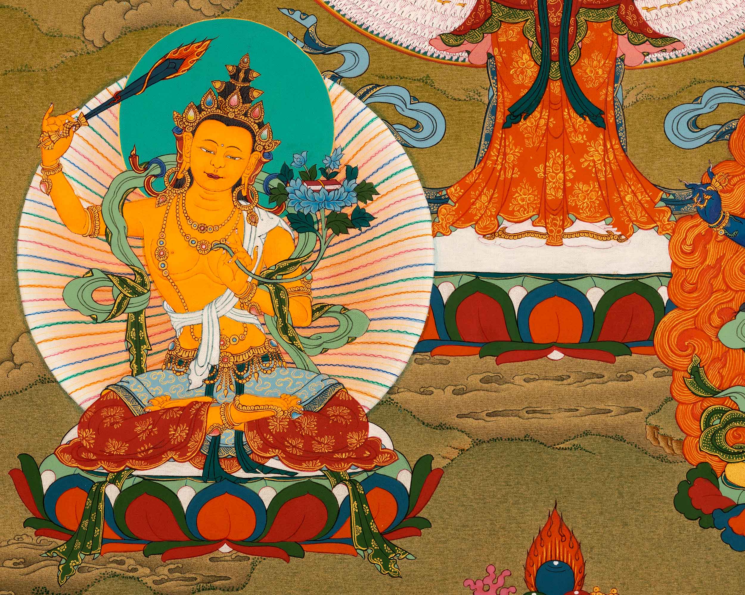 Traditional Chenrezig Avalokiteshvara Thangka | 1000 Armed Chenreizg with Manjushri and Vajrapani