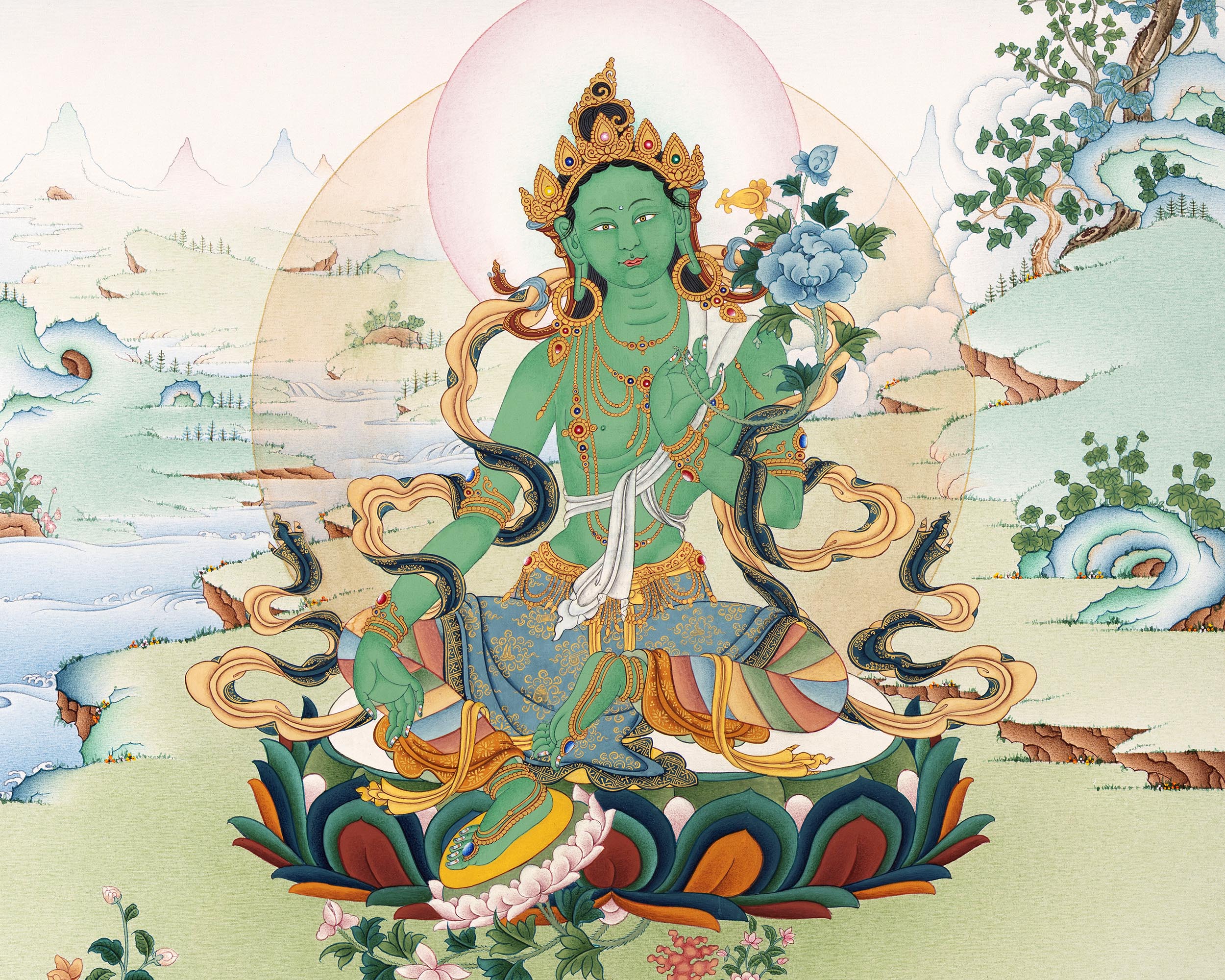 Green Tara Goddess | Traditionally Hand Painted Mother Tara Thangka