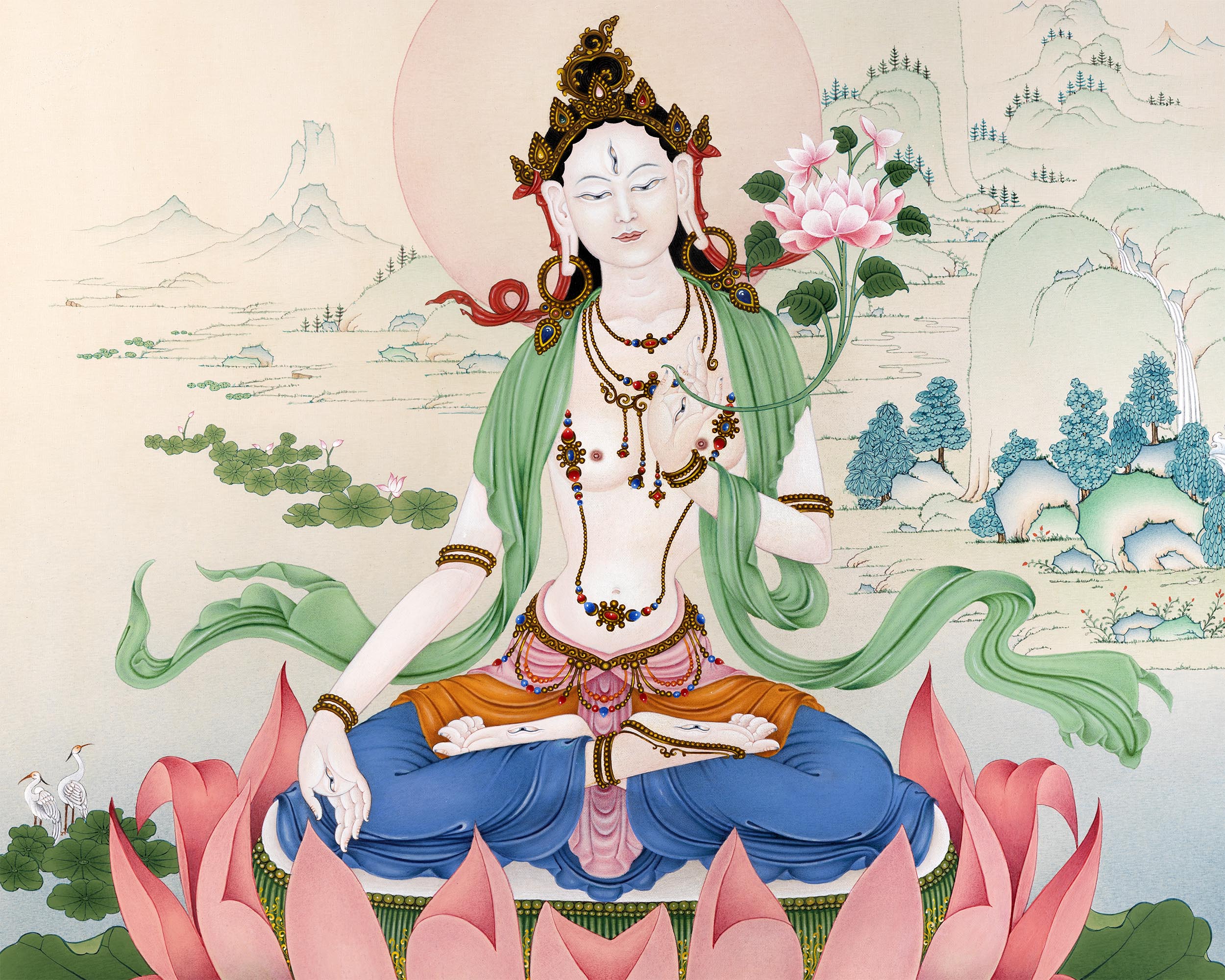 White Tara Thangka | Traditional Tibetan Stone Color White Tara Painting