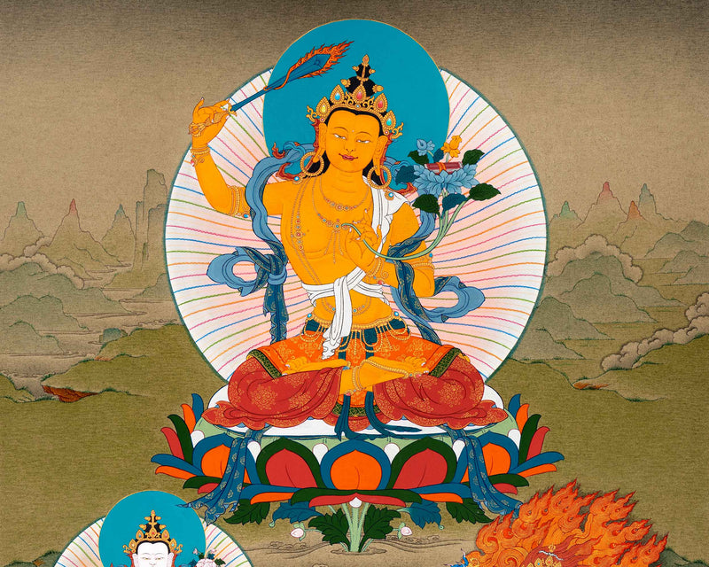 Manjushri Art With Chenrezig and Vajrapani | Bodhisattva Thangka