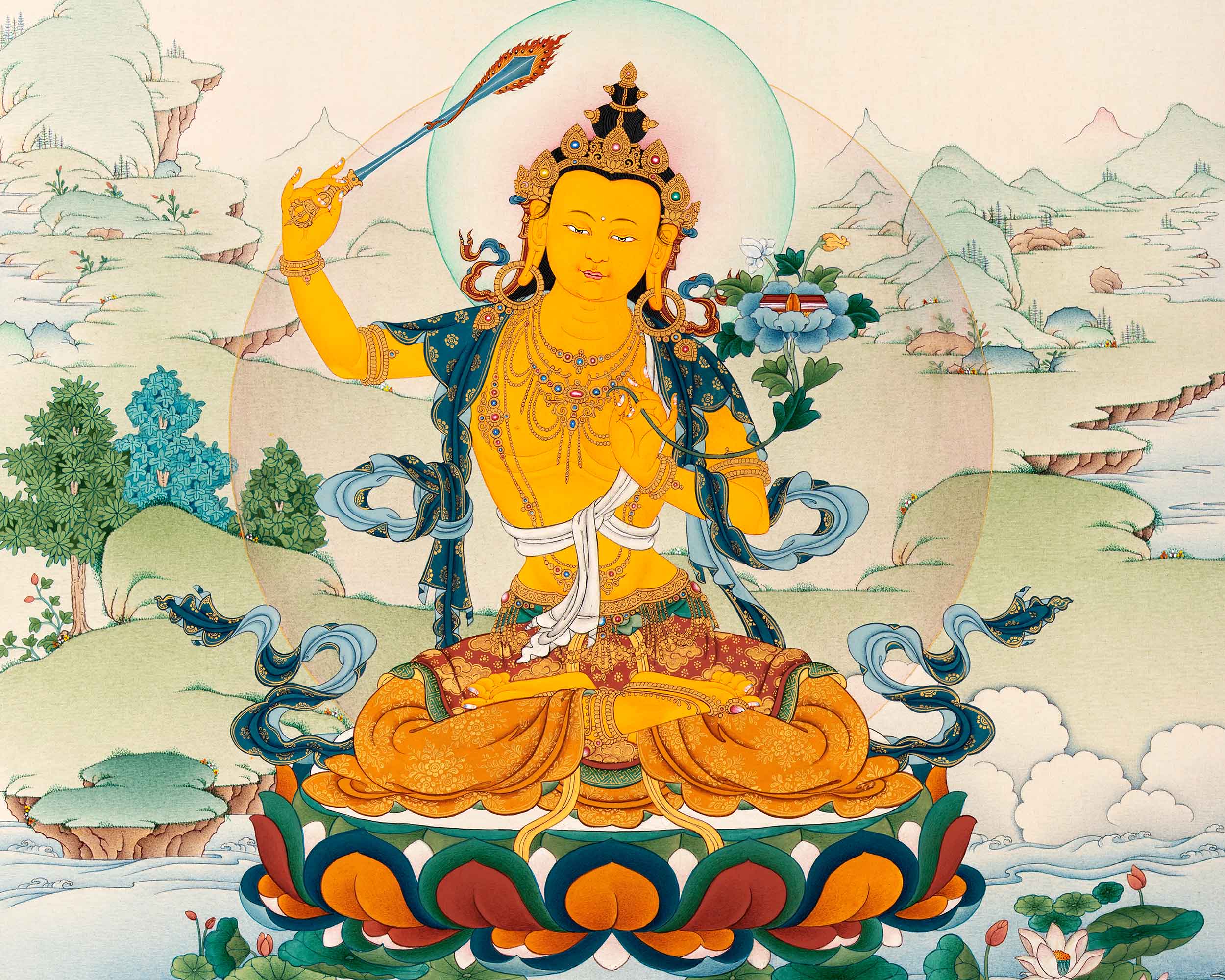 Manjushri Meditation Thangka | Traditional Hand Painted Art