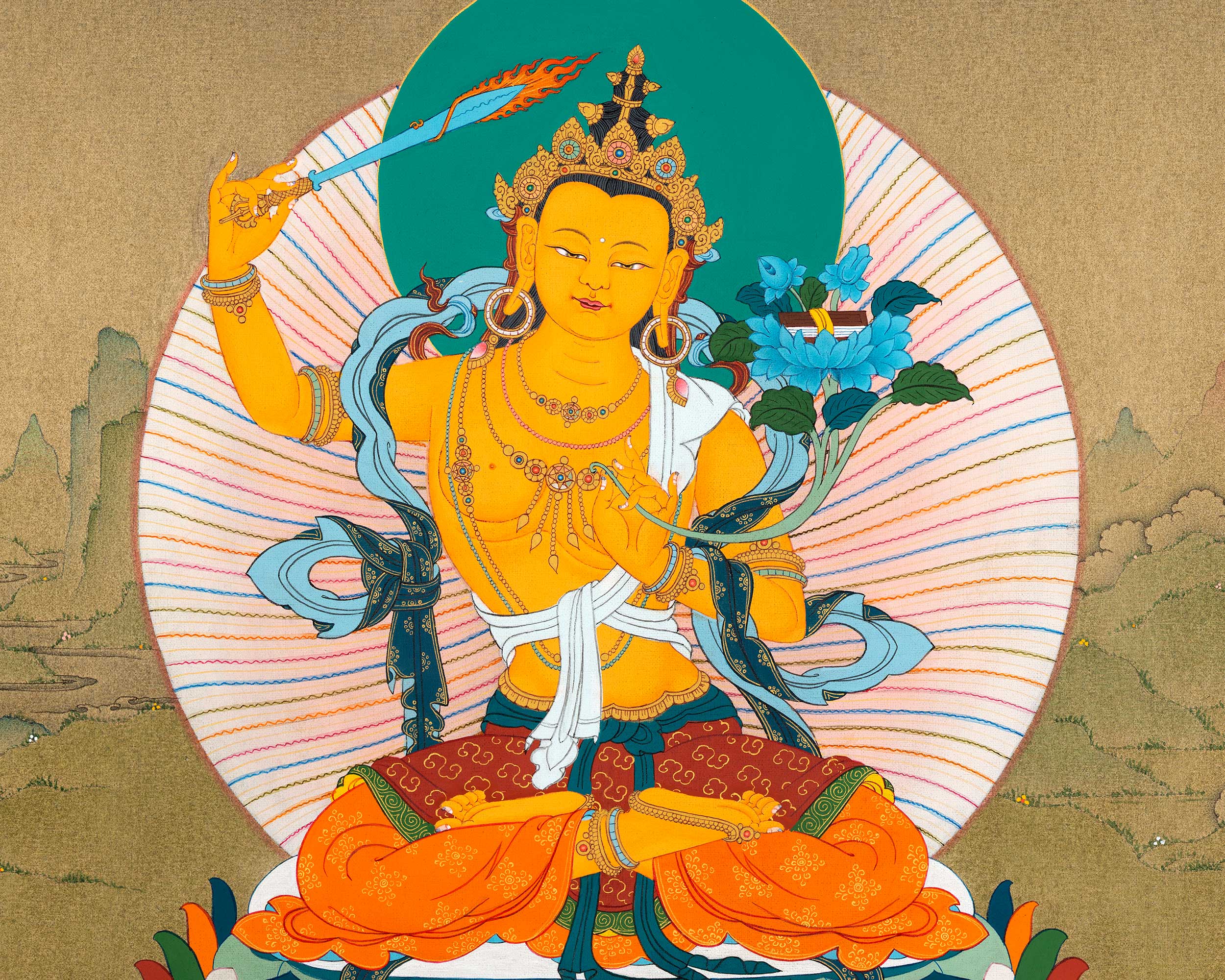 Manjushree Thangka | Manjushri With Others | Tibetan Thangka Painting