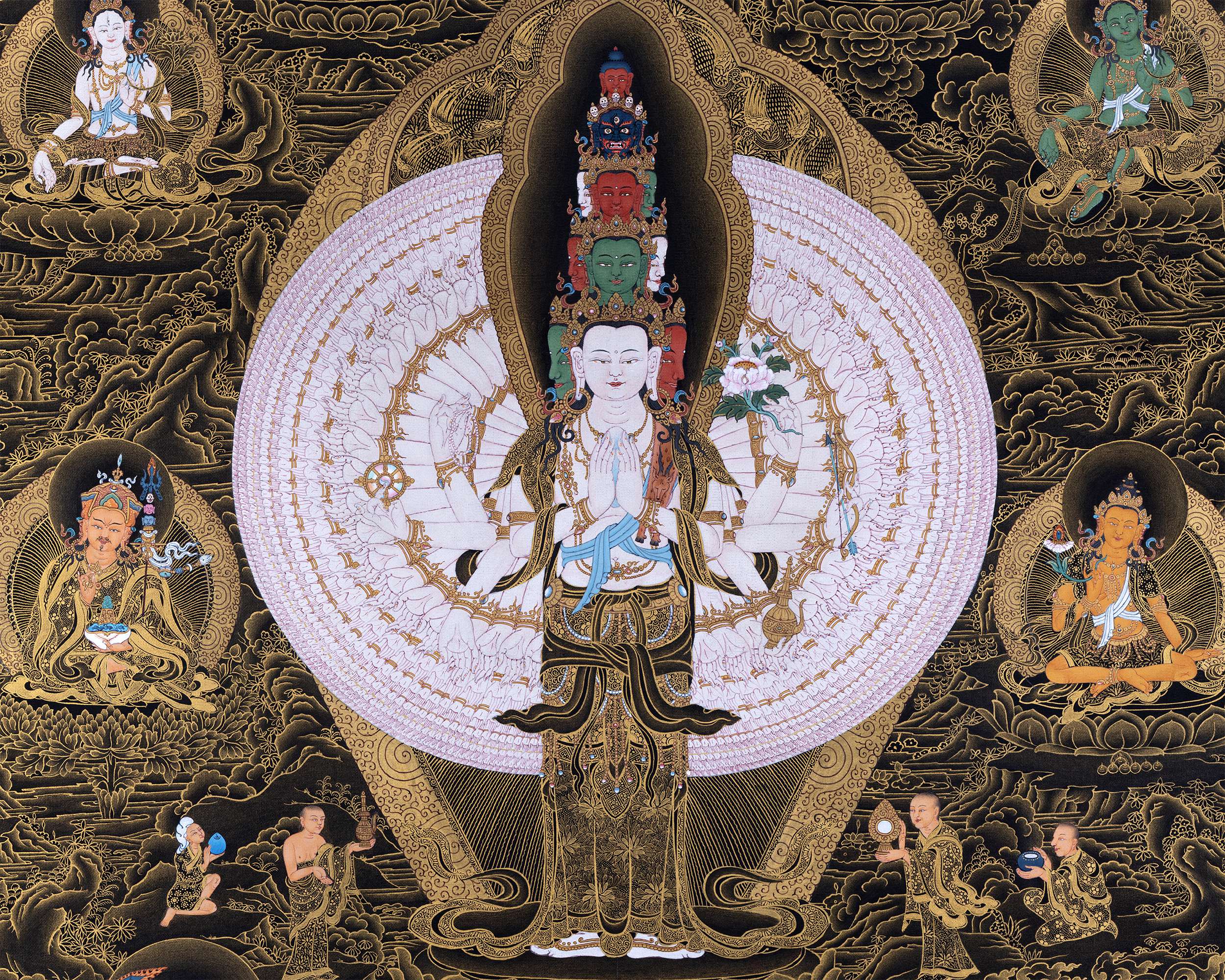 1000 Armed Chenrezig With Guru Rinpoche And Others | Tibetan Thangka Painting