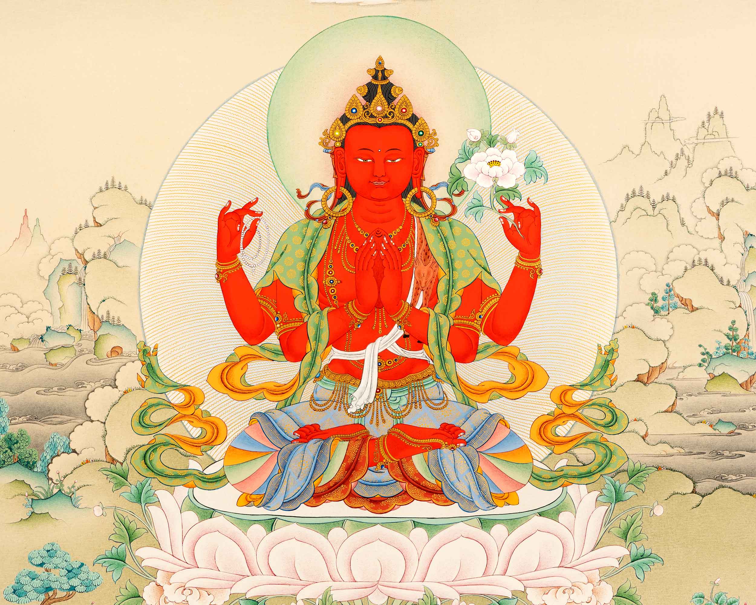Red Chenrezig With Amitabha Buddha Print | Gyalwa Gyasto Thangka Print