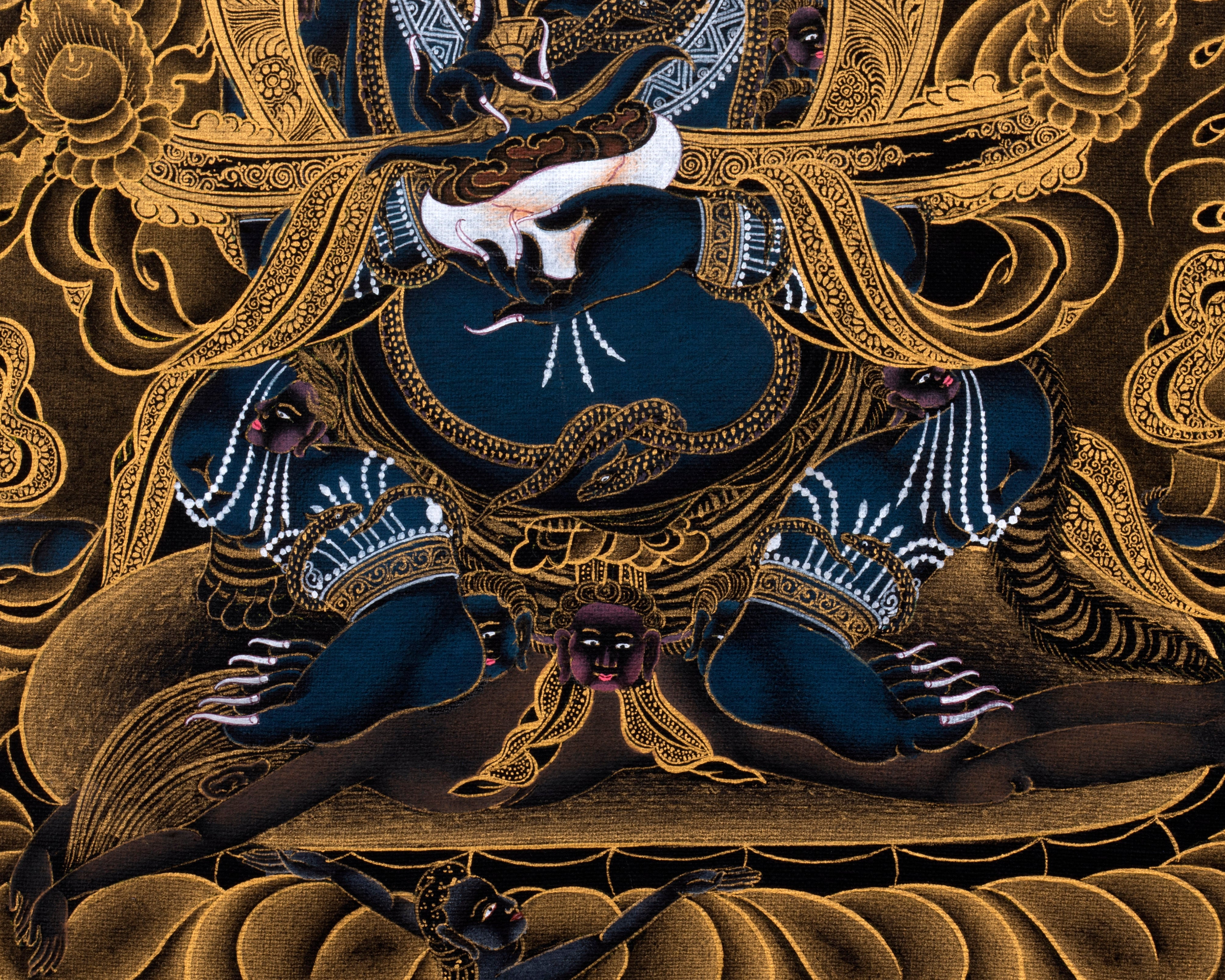 Sakya Mahakala Thangka | Hand painted Tibetan Black And Gold Thangka