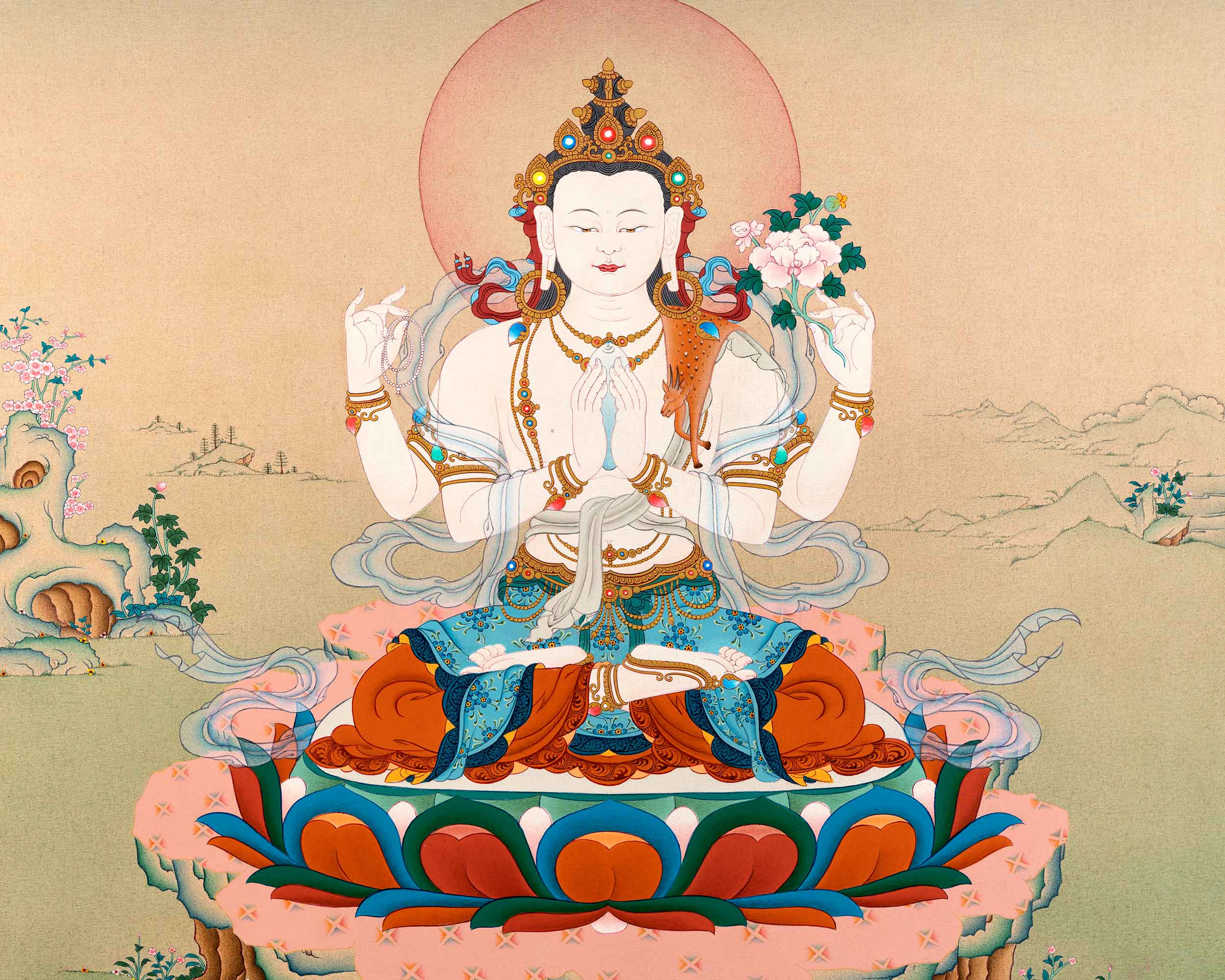 Four Armed Chenrezig Thangka | Traditional Bodhisattva Art