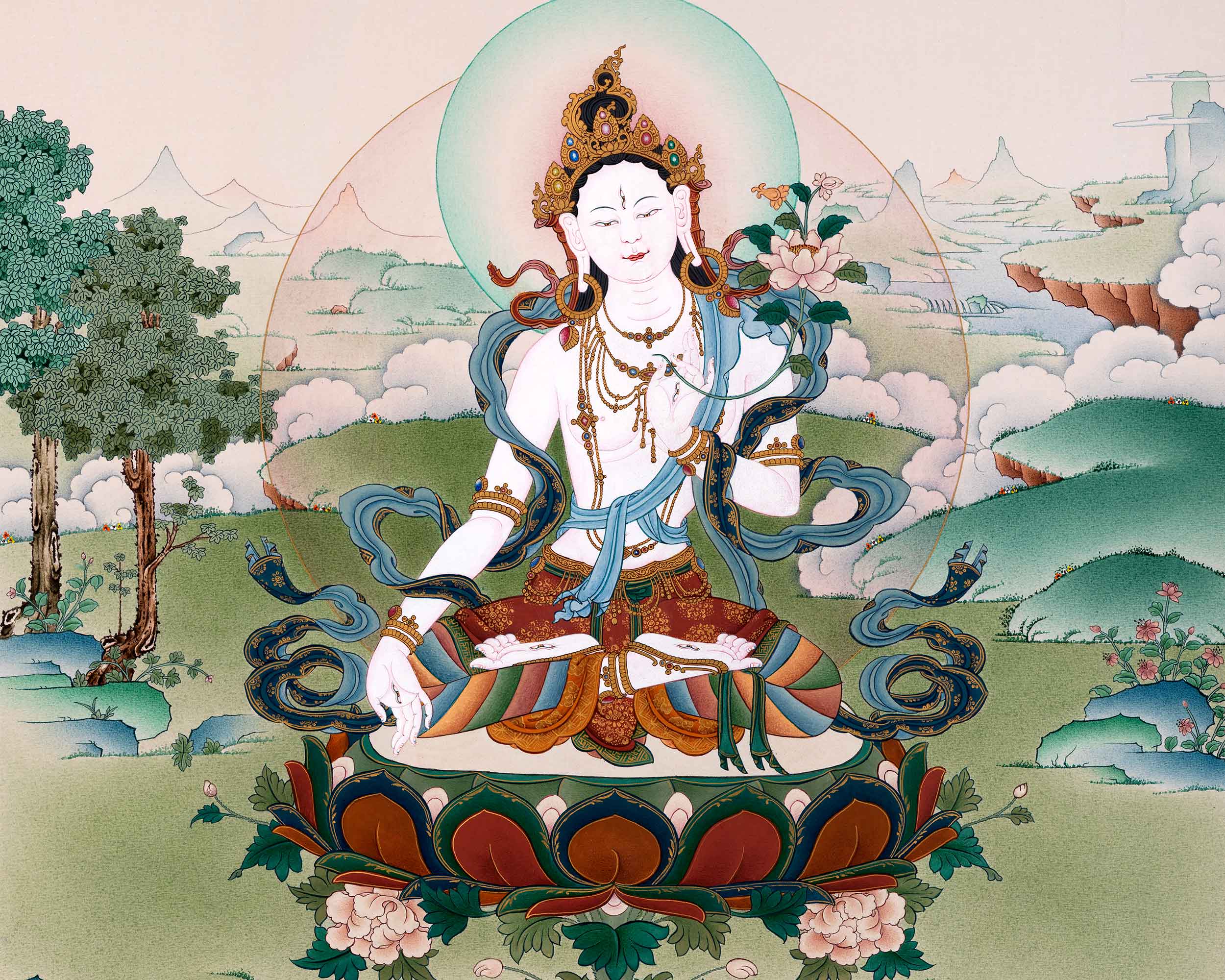 White Tara Goddess Thangka | Traditionally Hand Painted Buddhist Art