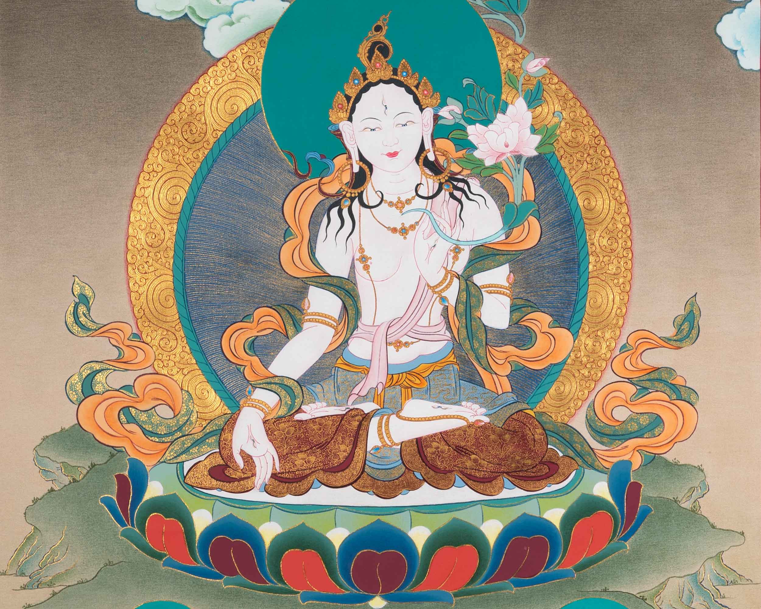 White Tara Meditation Practice Thangka | White Tara With Amitayus and Namgyalma