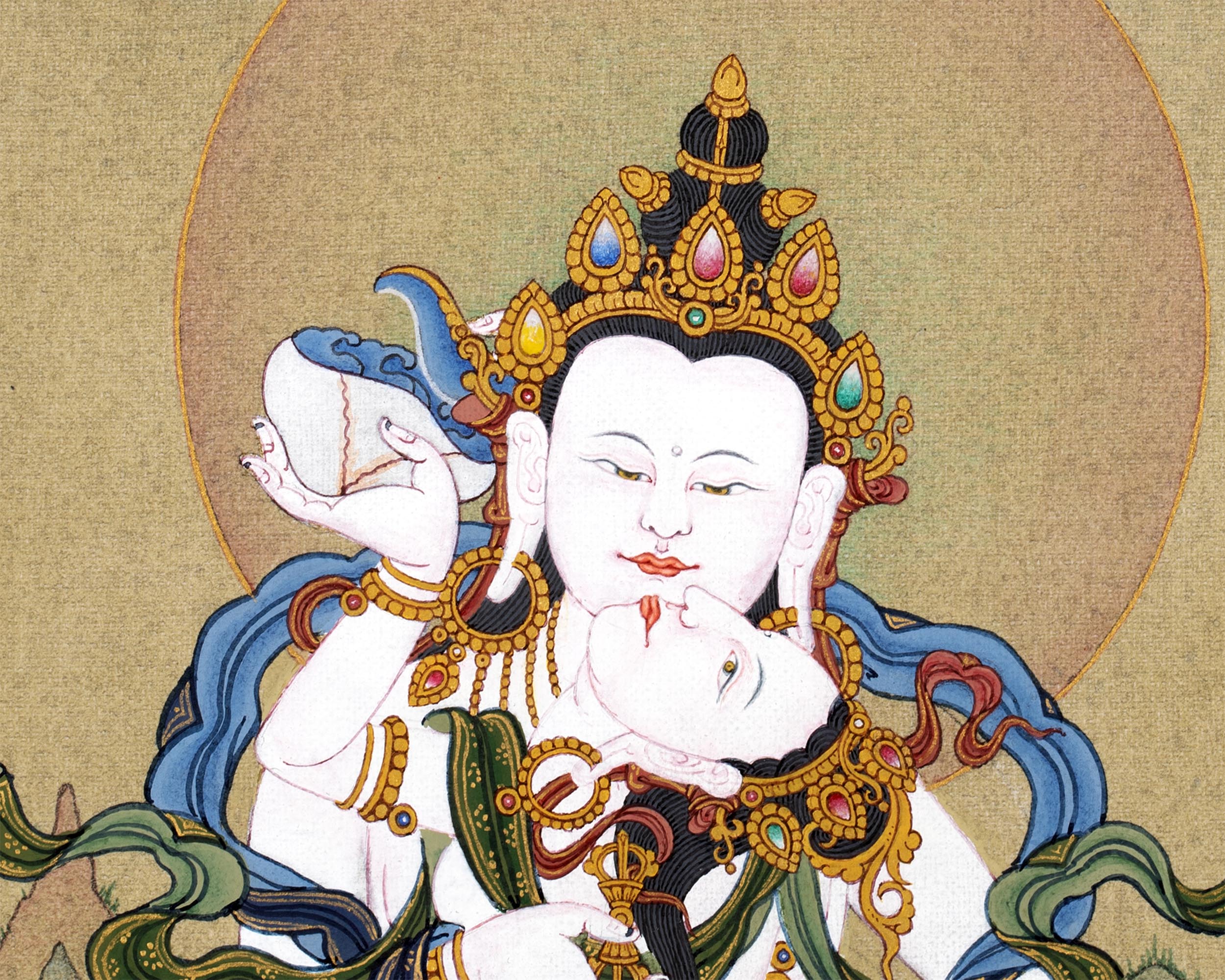 Vajrasattva Yab Yum Thangka | 24K Gold Tibetan Art with Silk Brocade