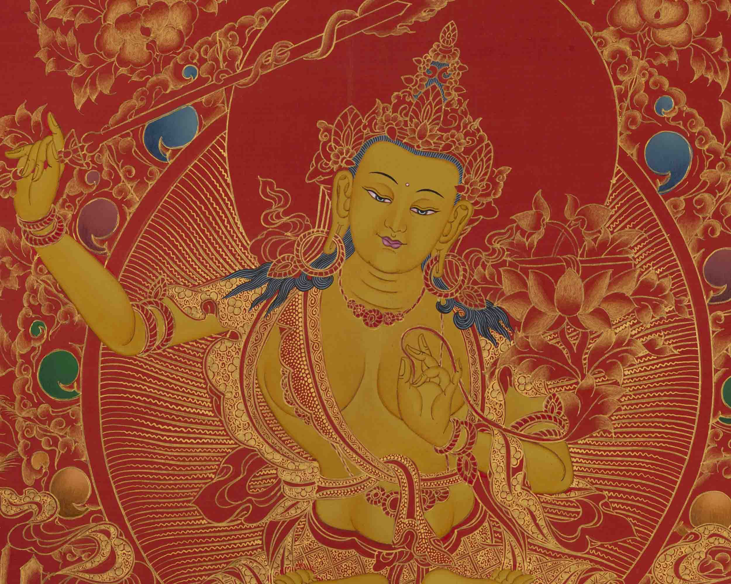 Manjushree Thangka | 24K Gold Style Painting | Religious Wall Decors