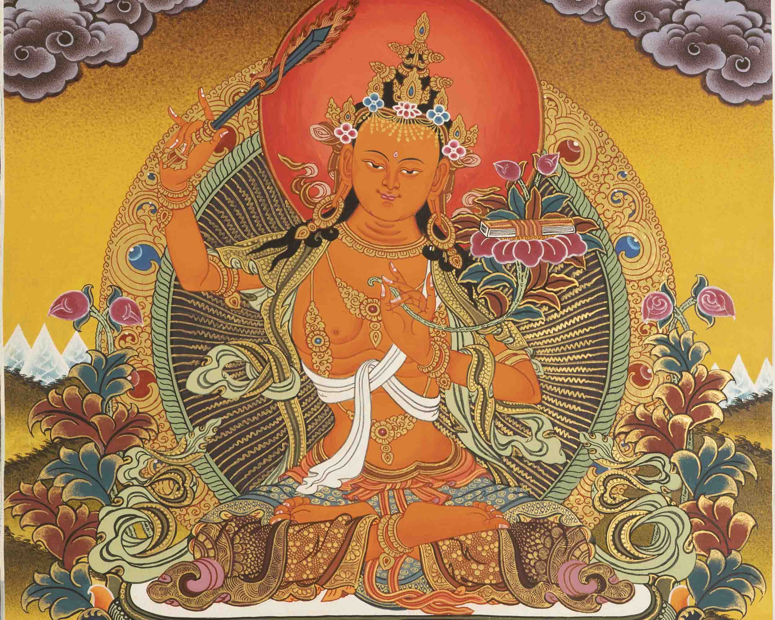 Original Hand Painted Manjushri Bodhisattva Thangka with Brocade | Wall Decoration Painting