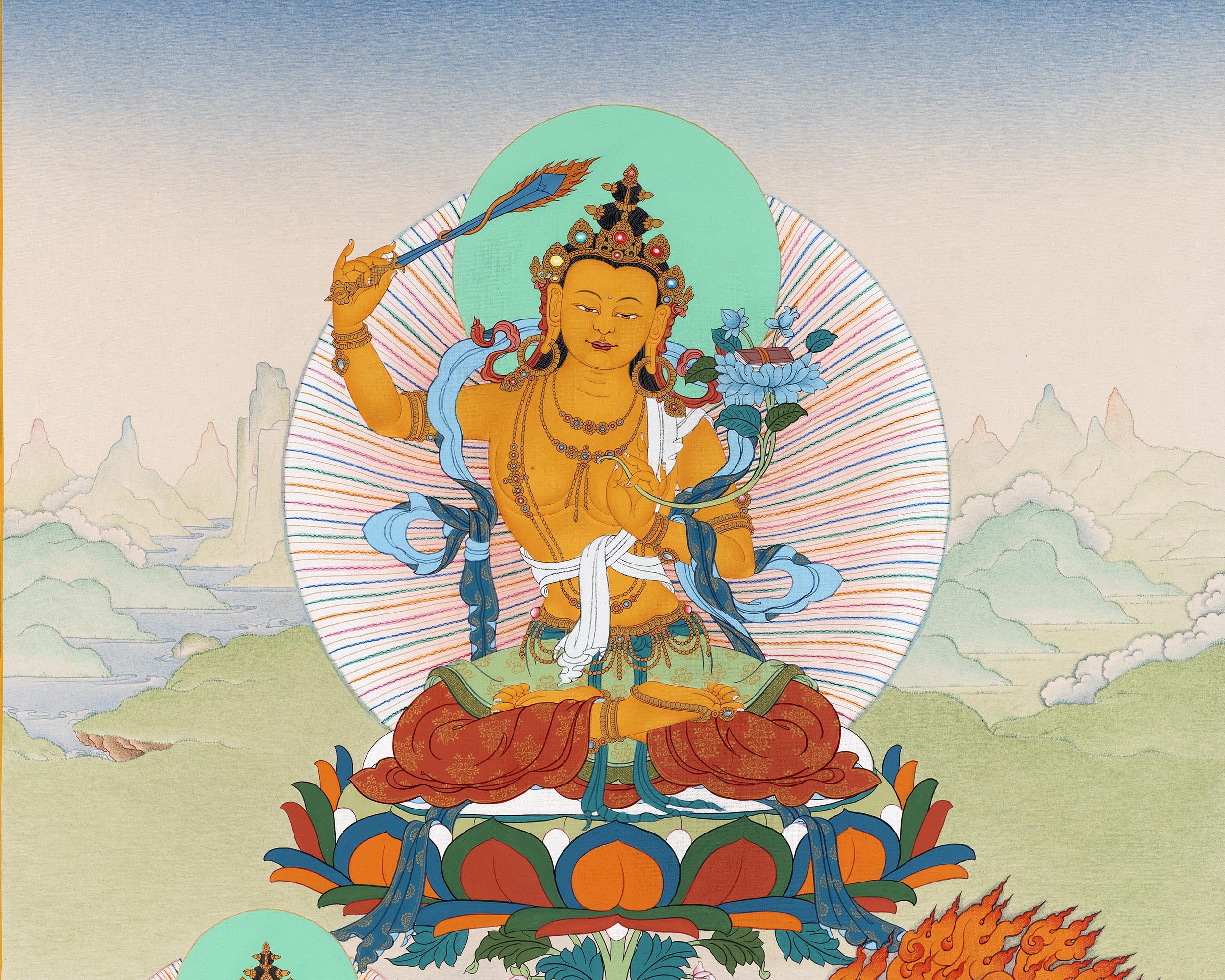 Manjushri With Bodhisattvas | Chenrezig | Vajrapani | Buddhist Deity Thangka