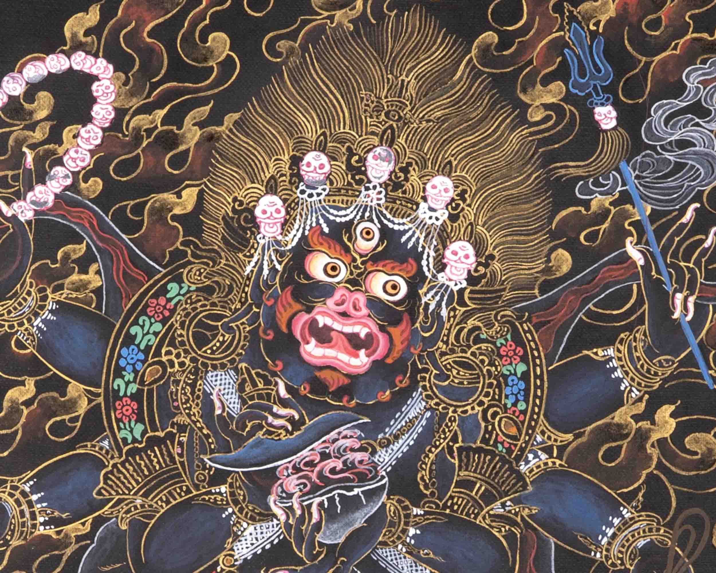 6 Armed Mahakala with Banarasi Silk Brocade | Hand Painted Thangka Art