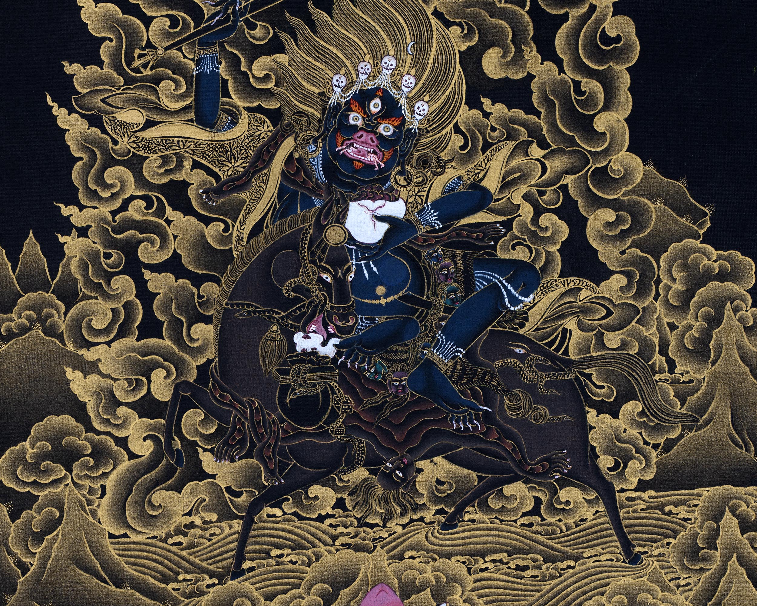 Shri Devi Magzor Gyalmo Thangka | Motherly Buddhist Protector | Black And Gold Art
