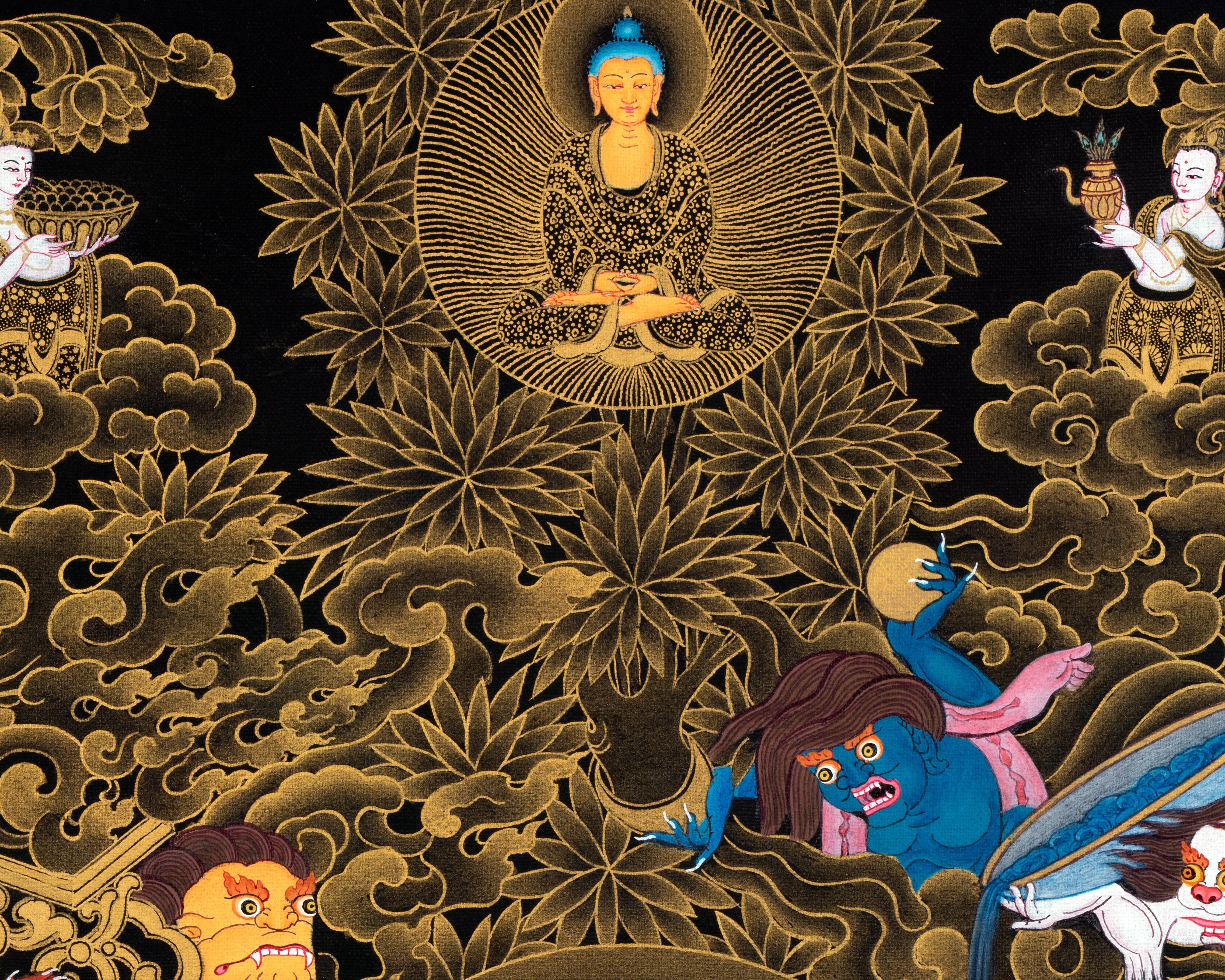 Buddha Shakyamuni And Mara Thangka | Tibetan Hand Painted Art